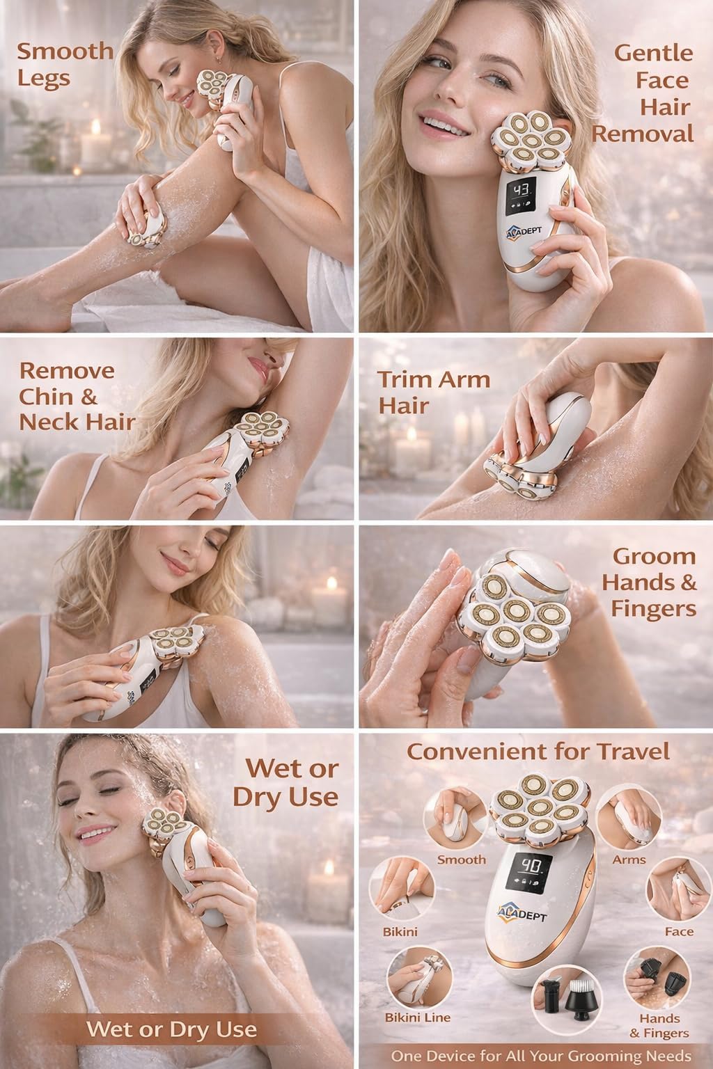 ALADEPT Afeitadora eléctrica 7D para mujer – 5 en 1, recargable, para uso en seco y húmedo. Afeitadora eléctrica, recortadora de bikini y depiladora facial para piernas, brazos, rostro y axilas.