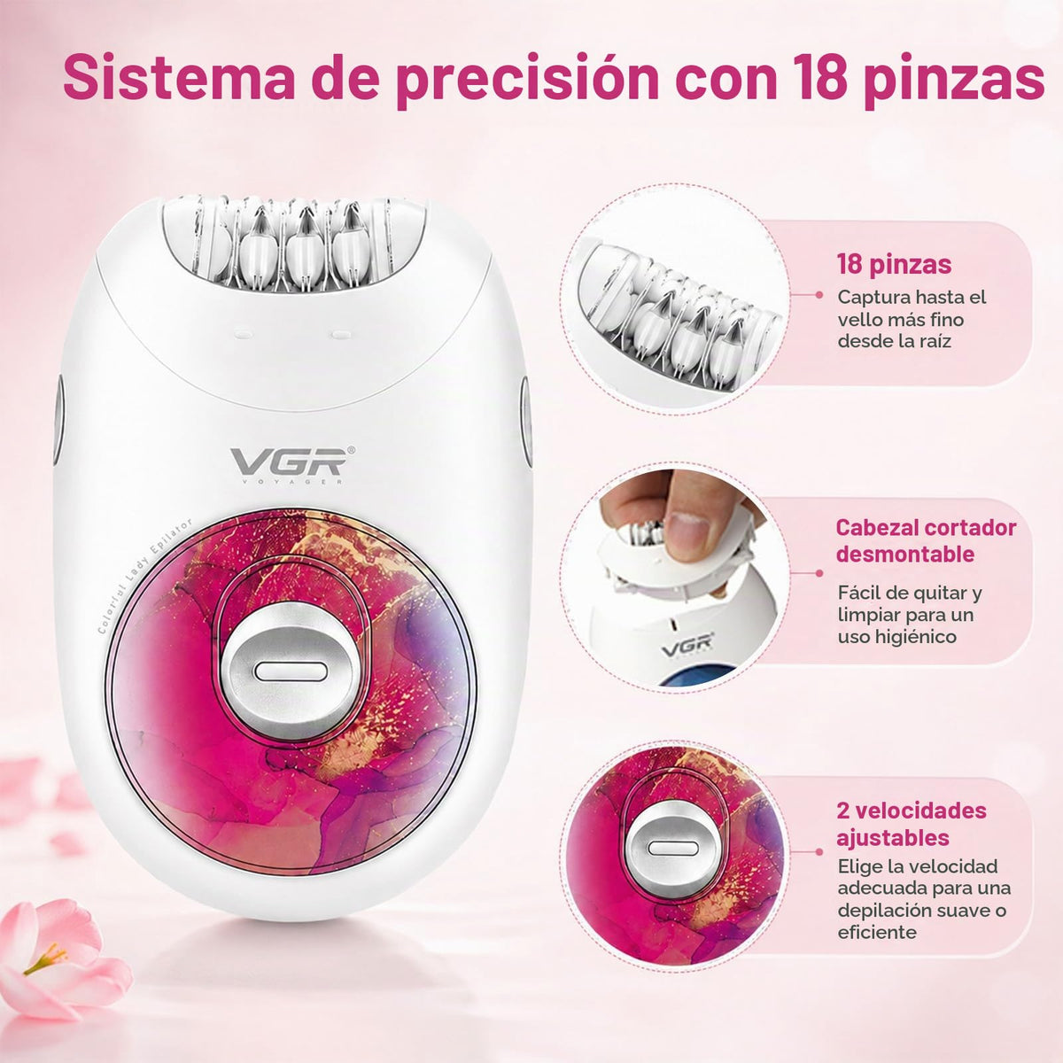 VGR706 Depiladora profesional para mujeres, dispositivo portátil inalámbrico de depilación mejorado, funcionamiento suave, diseño silencioso, sistema de 18 pinzas, depiladora recargable de cuerpo (rojo)