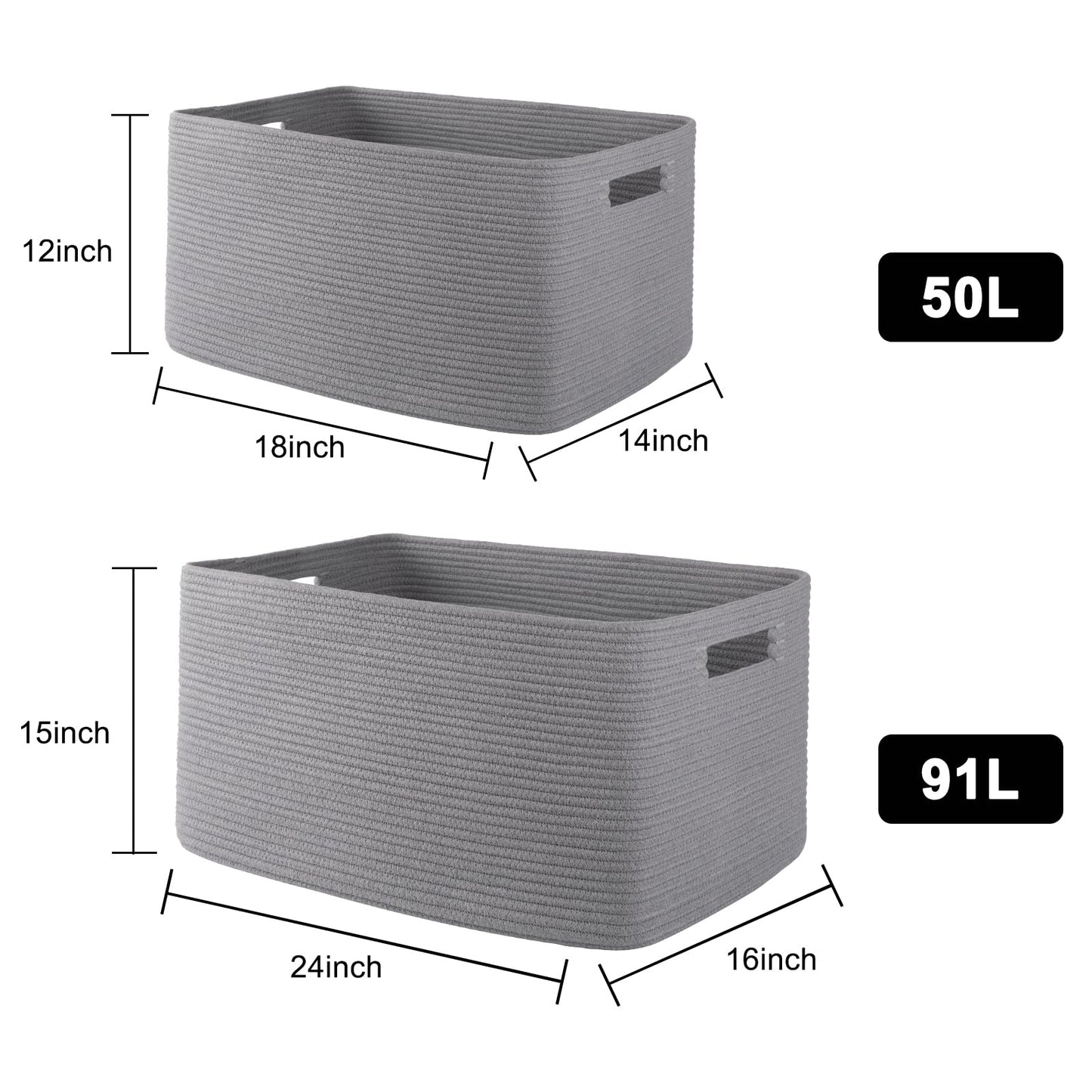 OIAHOMY - Cesta Rectangular XXL de Manta de 96 L, cesta tejida de algodón para almacenamiento, cesta de ropa sucia para sala de estar, guardería, recámara, organización de juguetes con asa, 24" x 16