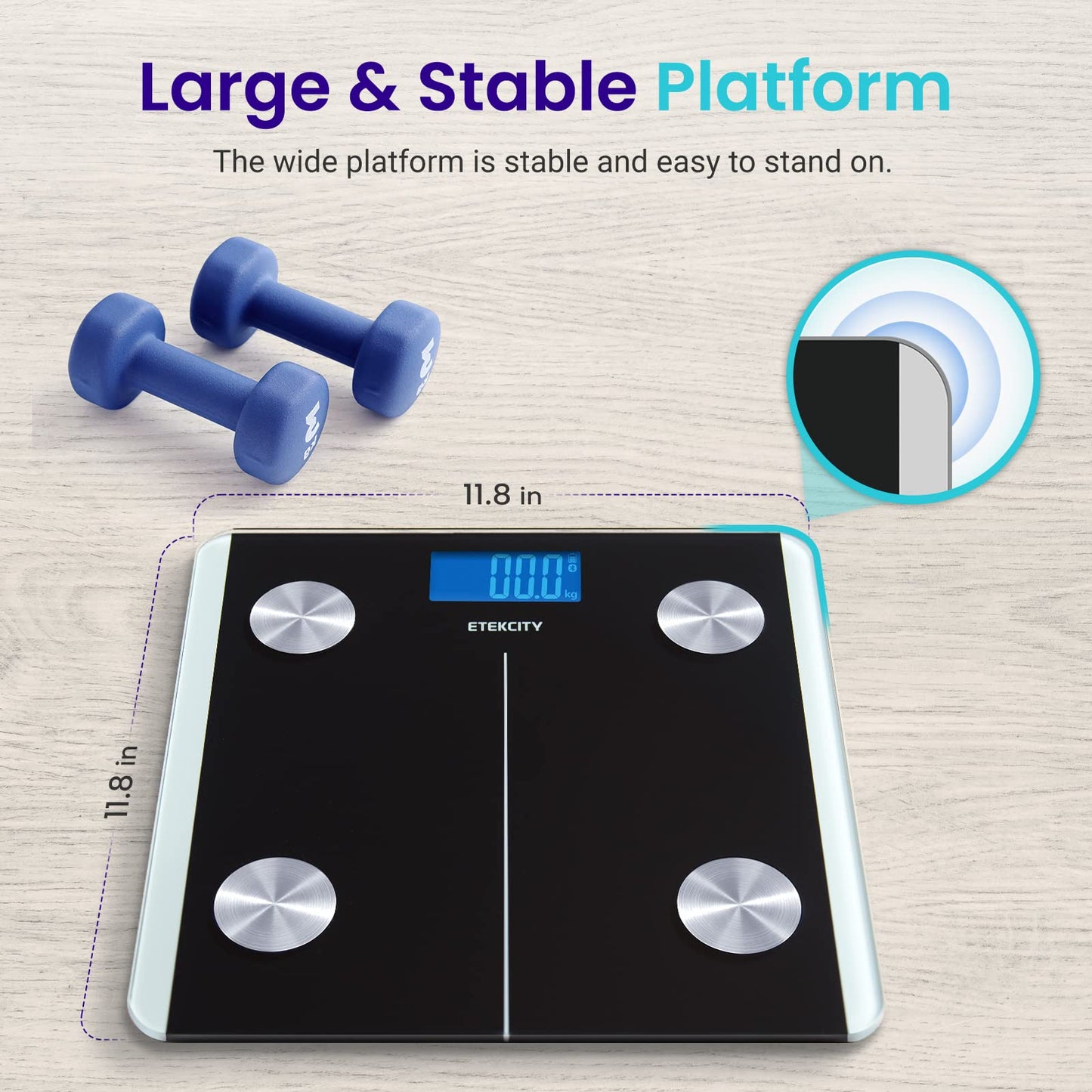 Etekcity Báscula digital de peso corporal, analizador de grasa corporal recargable con Bluetooth inteligente que realiza 2 composiciones clave, 400 libras, negro, 1 unidad