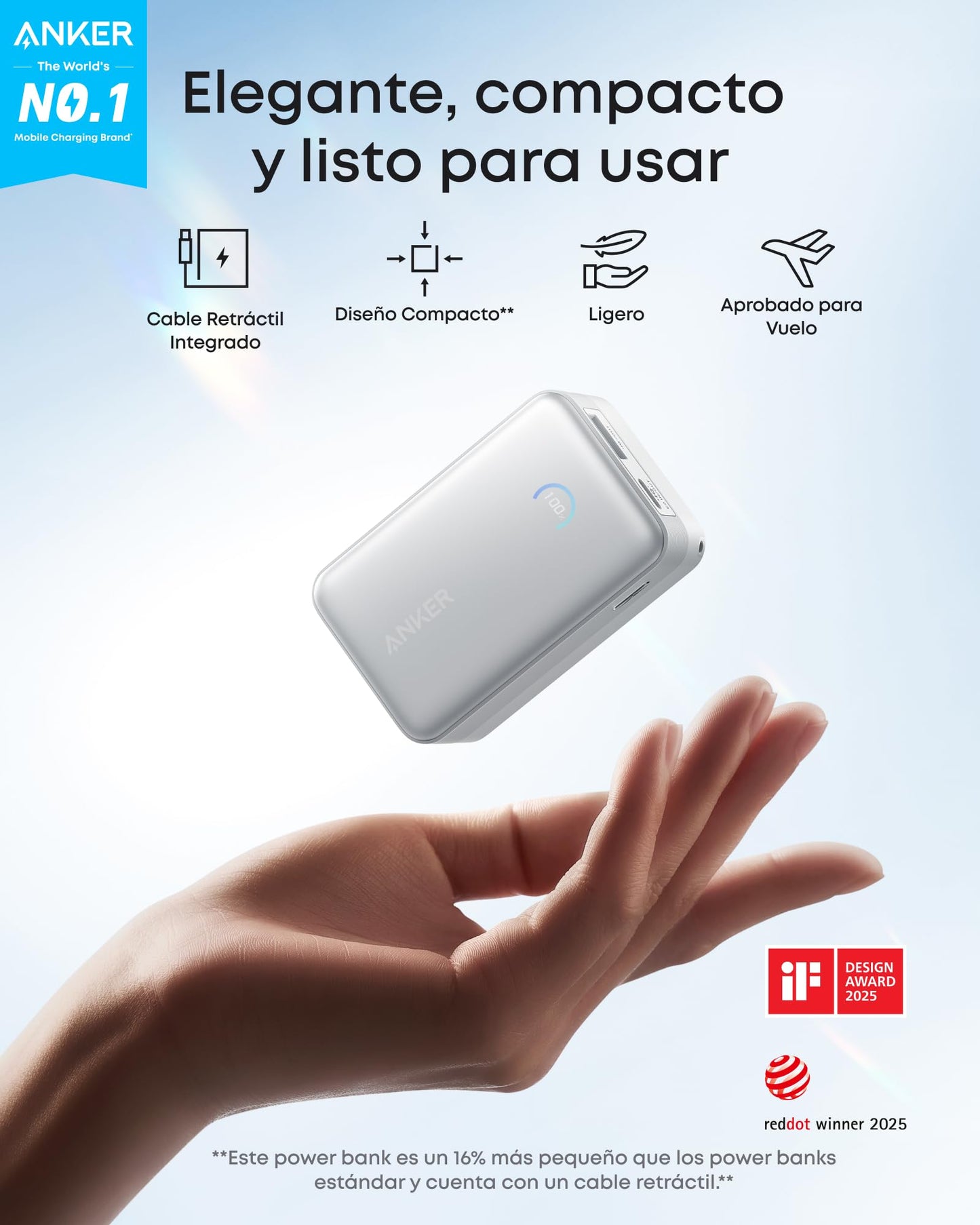 Cargador Portátil Anker Nano Negro con Cable Retráctil de 10.000mAh y Pantalla Inteligente Compatible con iPhone, iPad, Galaxy y Pixel