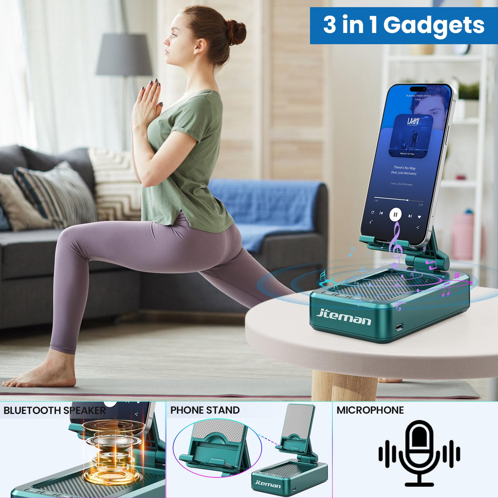 JTEMAN - Soporte para teléfono celular con altavoces inalámbricos Bluetooth, ángulo ajustable, fuerte pedestal para computadora, sonido HD y altavoz Bluetooth de graves compatible con todos los