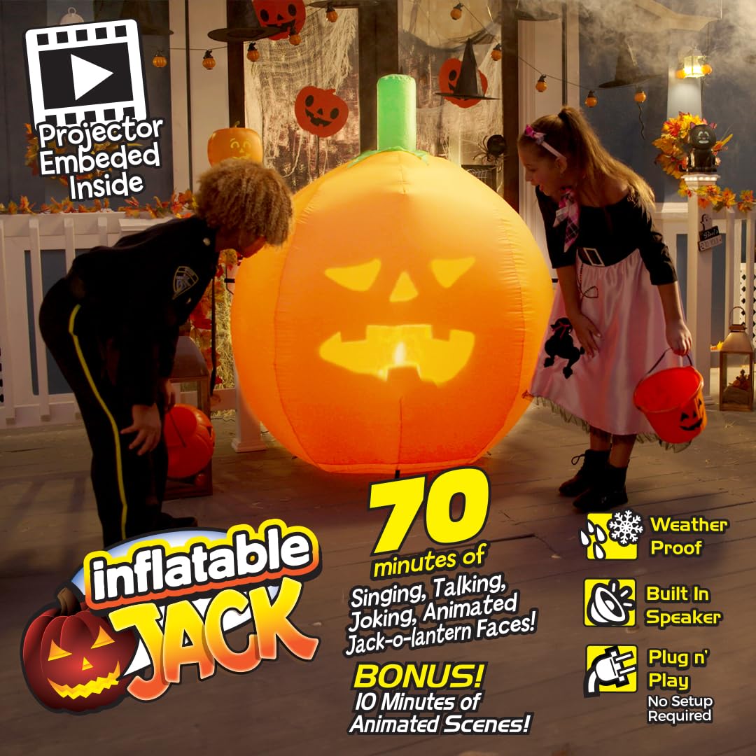 ANIMAT3D - Calabaza inflable animada parlante Jabberin' Jack de 1.5 metros de altura con pantalla HD de 56” y proyector incorporado, incluye 80 minutos de contenido.