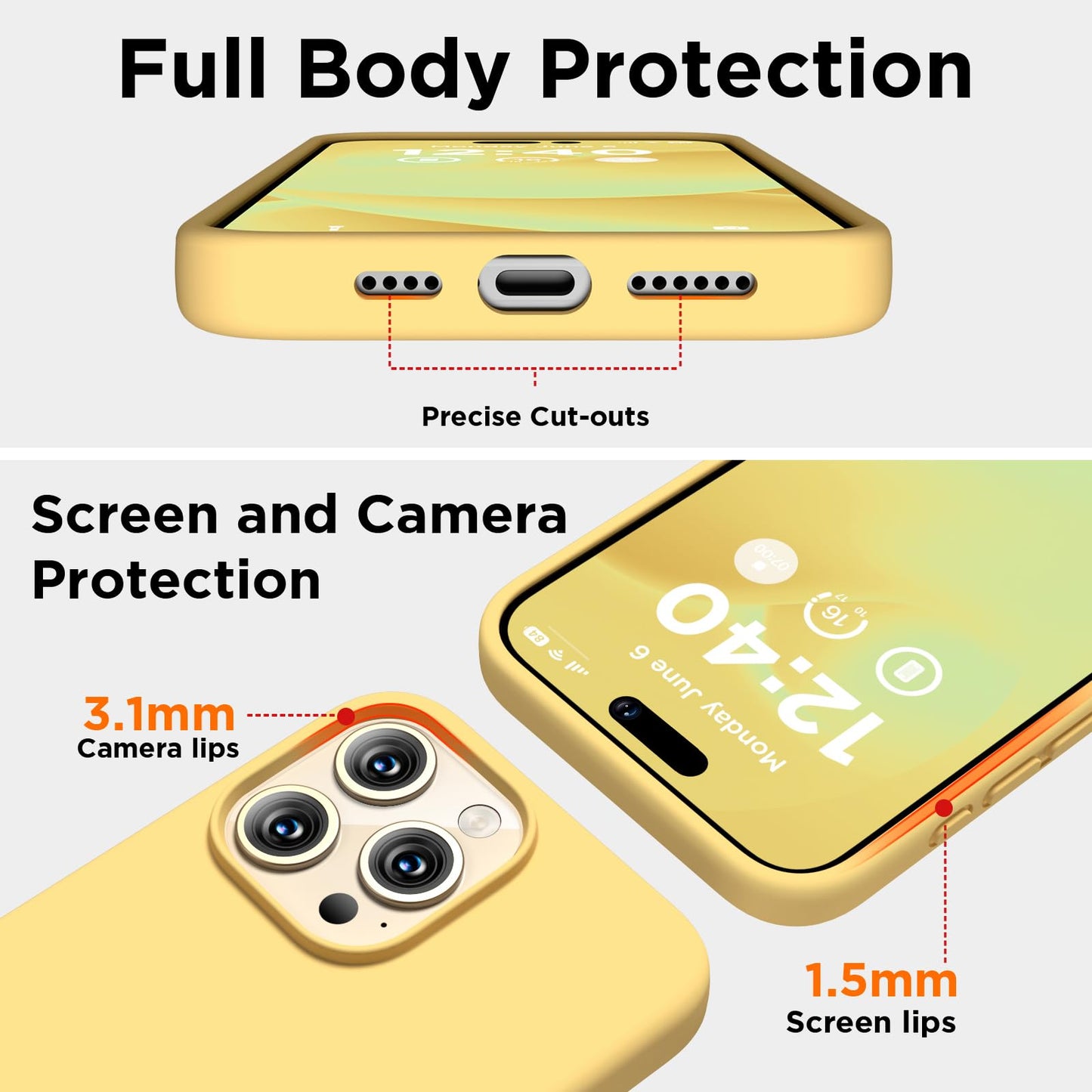 COFFKER - Funda de silicona compatible con iPhone 15 Pro, cuerpo completo, a prueba de golpes, delgada con forro de microfibra suave antiarañazos, 6.1 pulgadas, color amarillo