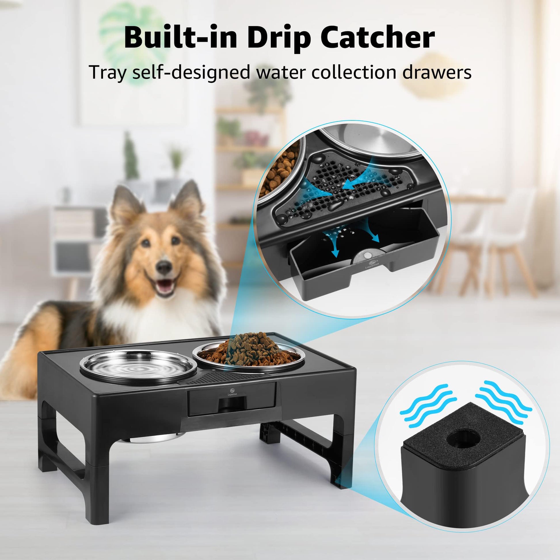 Lapensa Cuencos Elevados Para Perros, Cuenco Profundo Para Perros Elevado De Acero Inoxidable Con Soporte Ajustable, Cuenco Doble Para Comida Y Agua Para Perros Medianos Y Grandes, 3 Alturas 3.9", 7.8