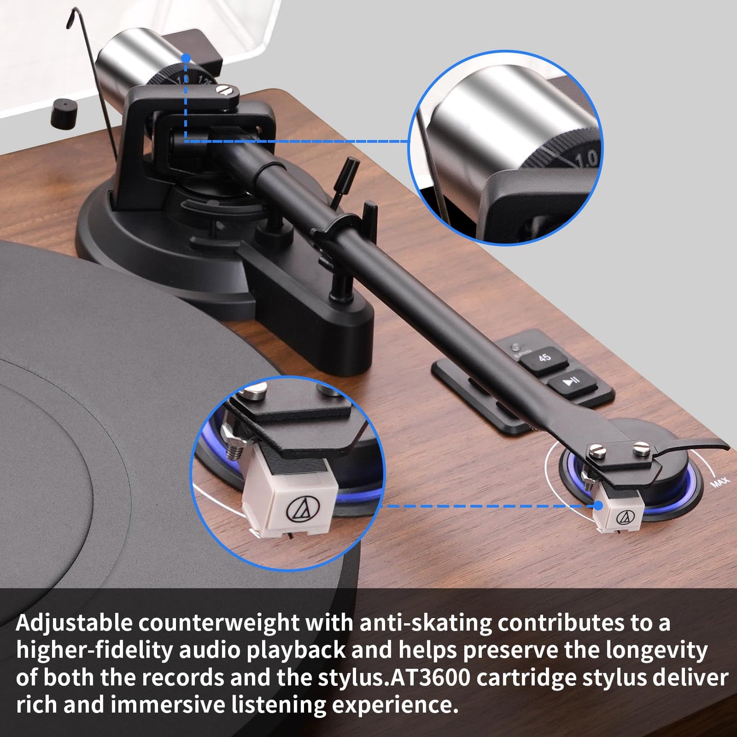 FEKTIK - Tocadiscos con Cartucho magnético, Tocadiscos de Vinilo Bluetooth de transmisión por Correa de Alta fidelidad con Altavoces de estantería de 36 vatios, preamplificador Phono Incorporado