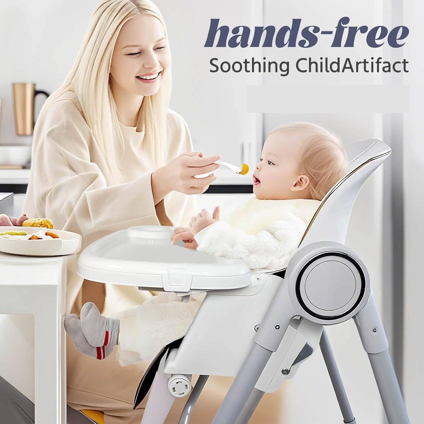 Silla alta multifuncional para bebé, plegable, ajuste de altura de 8 niveles, respetuoso con el medio ambiente, lavable, cojín de poliuretano, silla de alimentación para bebés (blanco)