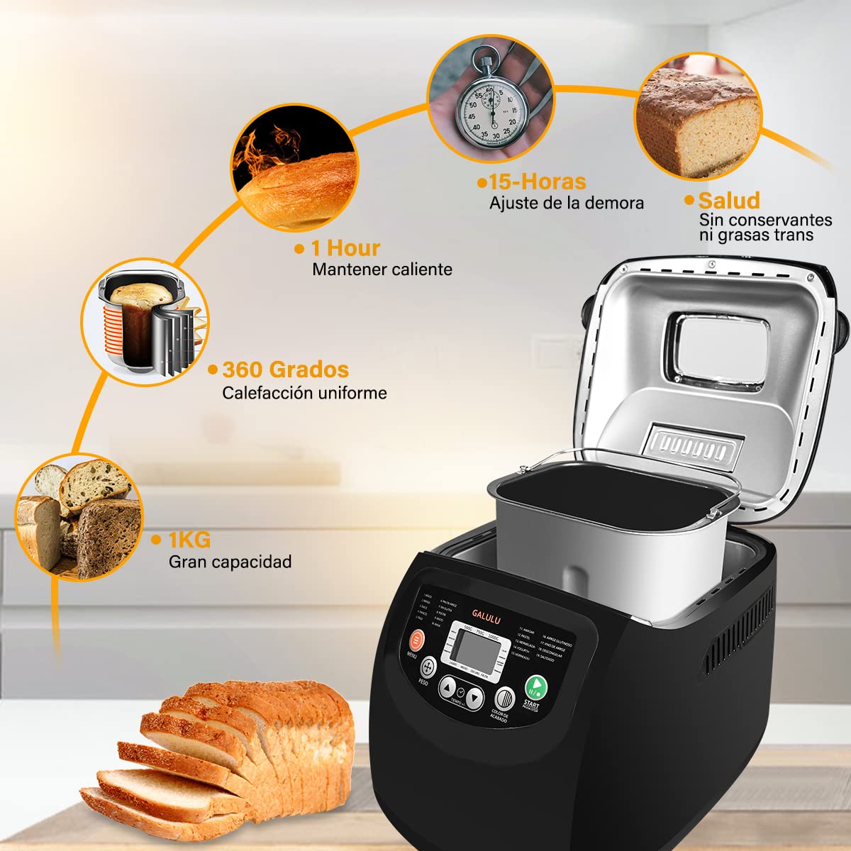 GALULU - Máquina para hacer pan,Máquina de pan con 19 preestablecidos, Función sin gluten,Ajustes de aislamiento,3 tamaños de pan,Recetas y accesorios incluidos,2 Libras Negro)
