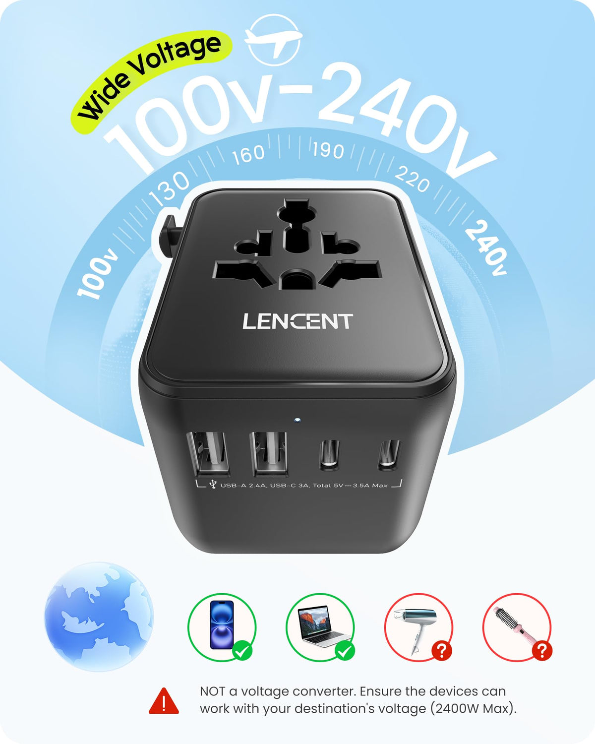 Adaptador de Viaje Universal LENCENT Blanco con Cargador Internacional