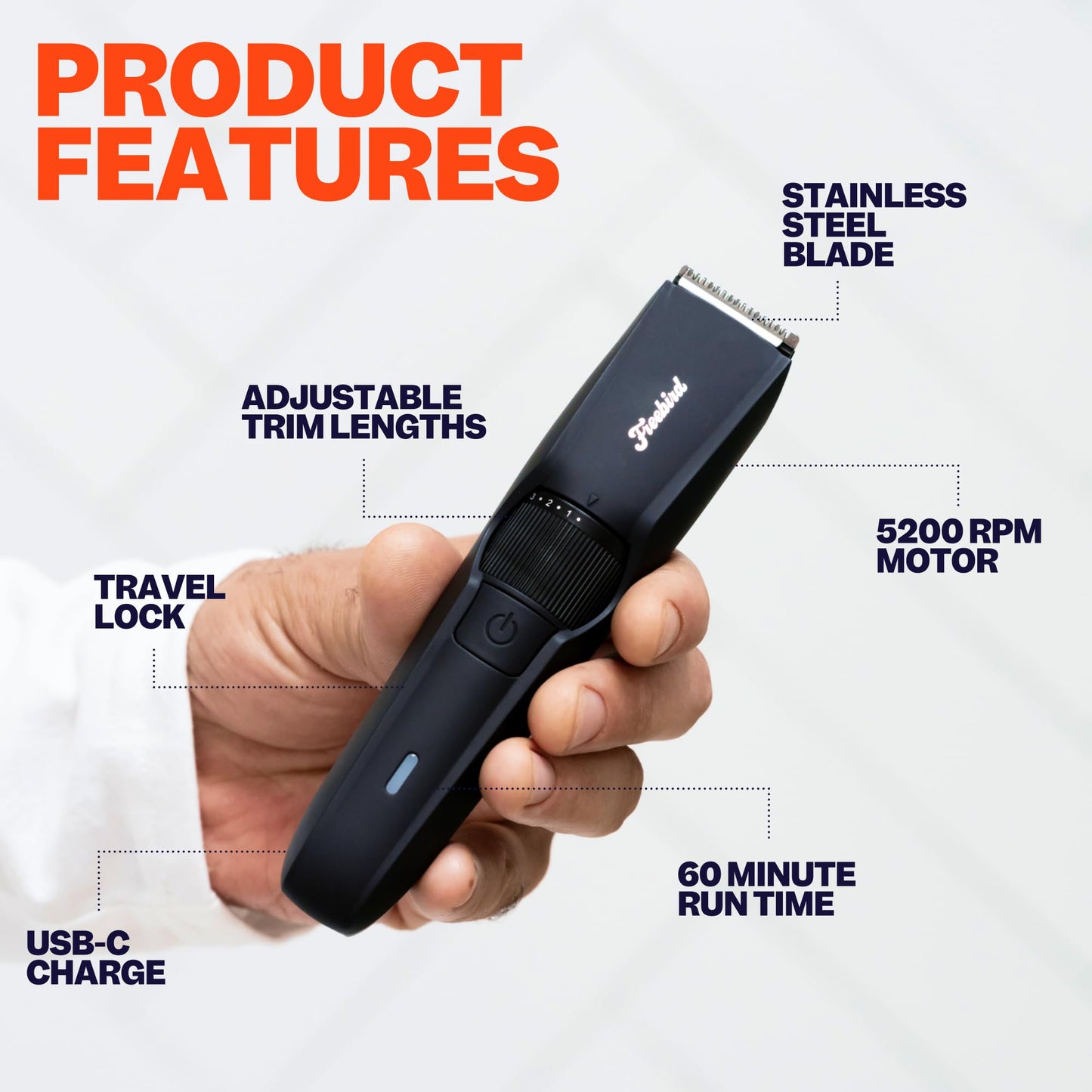 Freebird BeardSeries - Recortadora de barba ultra afilada con esfera de precisión, cuchillas de acero inoxidable, 40 ajustes de longitud, inalámbrico y recargable, para barba, cabello, cuerpo y aseo
