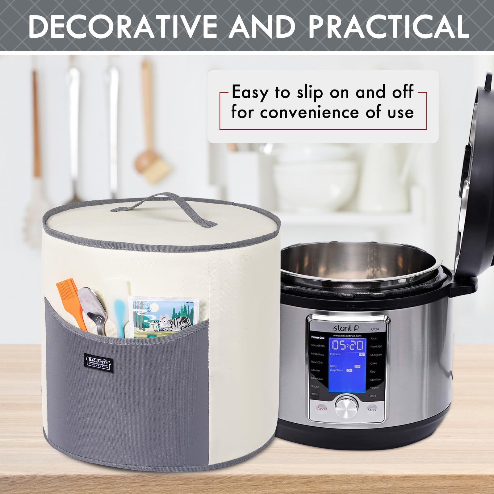 BAGSPRITE - Cubierta antipolvo compatible con fundas instantáneas para electrodomésticos de 6 cuartos de galón, cubierta aislada para olla de presión con bolsillos para accesorios de cocina