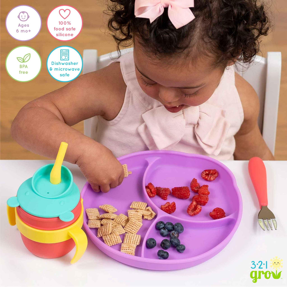 321 Grow • Juego de platos fáciles de cucharar y sostener • Juego de 2 platos • Placa de silicona para bebés, niños pequeños con divisores • Borde de clip para comidas fáciles y sin desorden • 6 meses