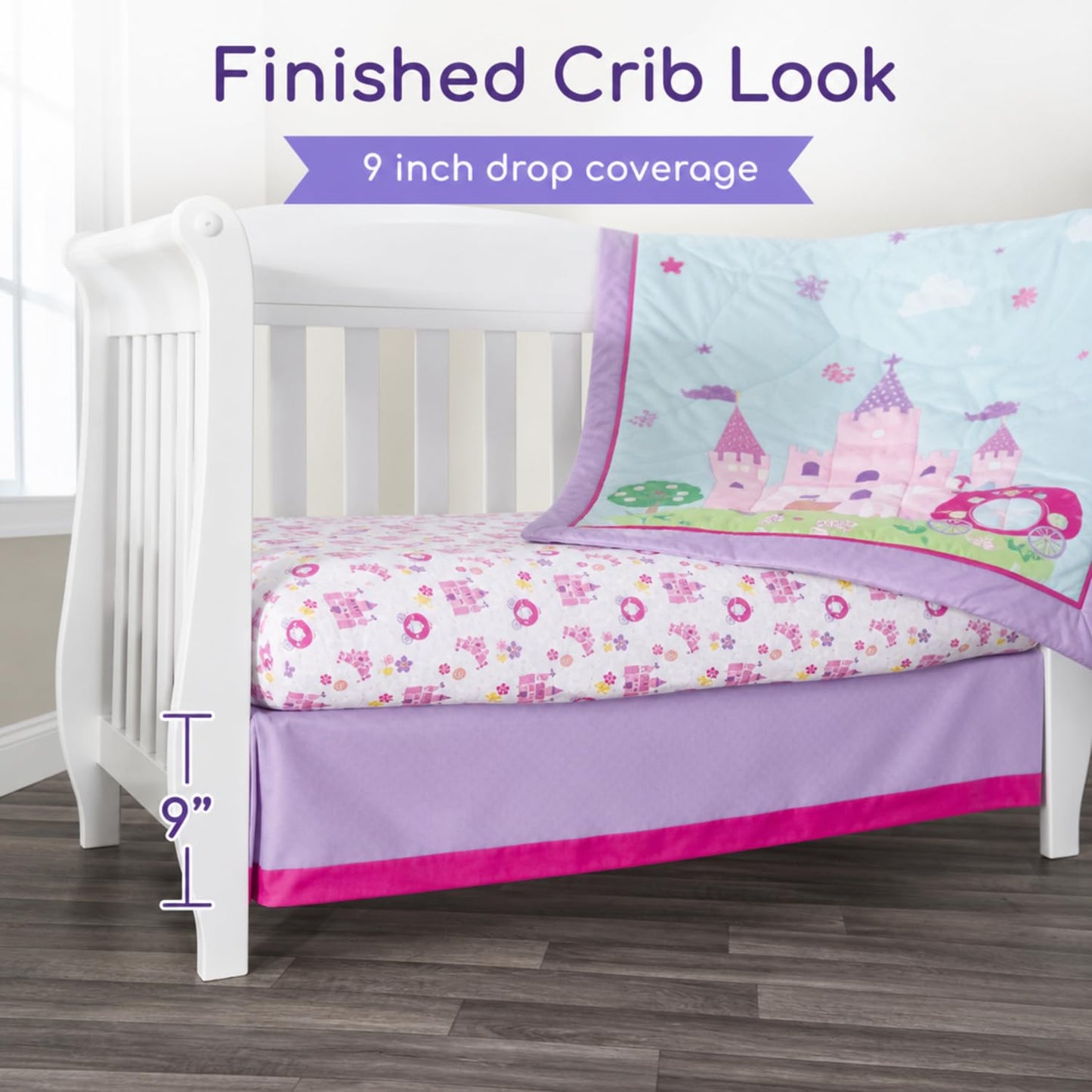 EVERYDAY KIDS - Juego de ropa de cama para cuna de 4 piezas, Princess Storyland, incluye colcha, sábana bajera, volantes y apilador de pañales, juego de ropa de cama para cuna de bebé