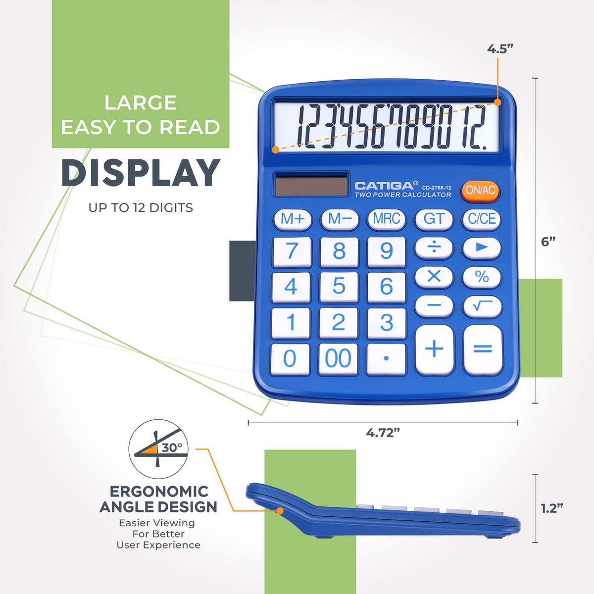 Calculadora CATIGA Negra LCD de 12 Dígitos con Energía Solar y Batería Dual para Oficina y Escuela