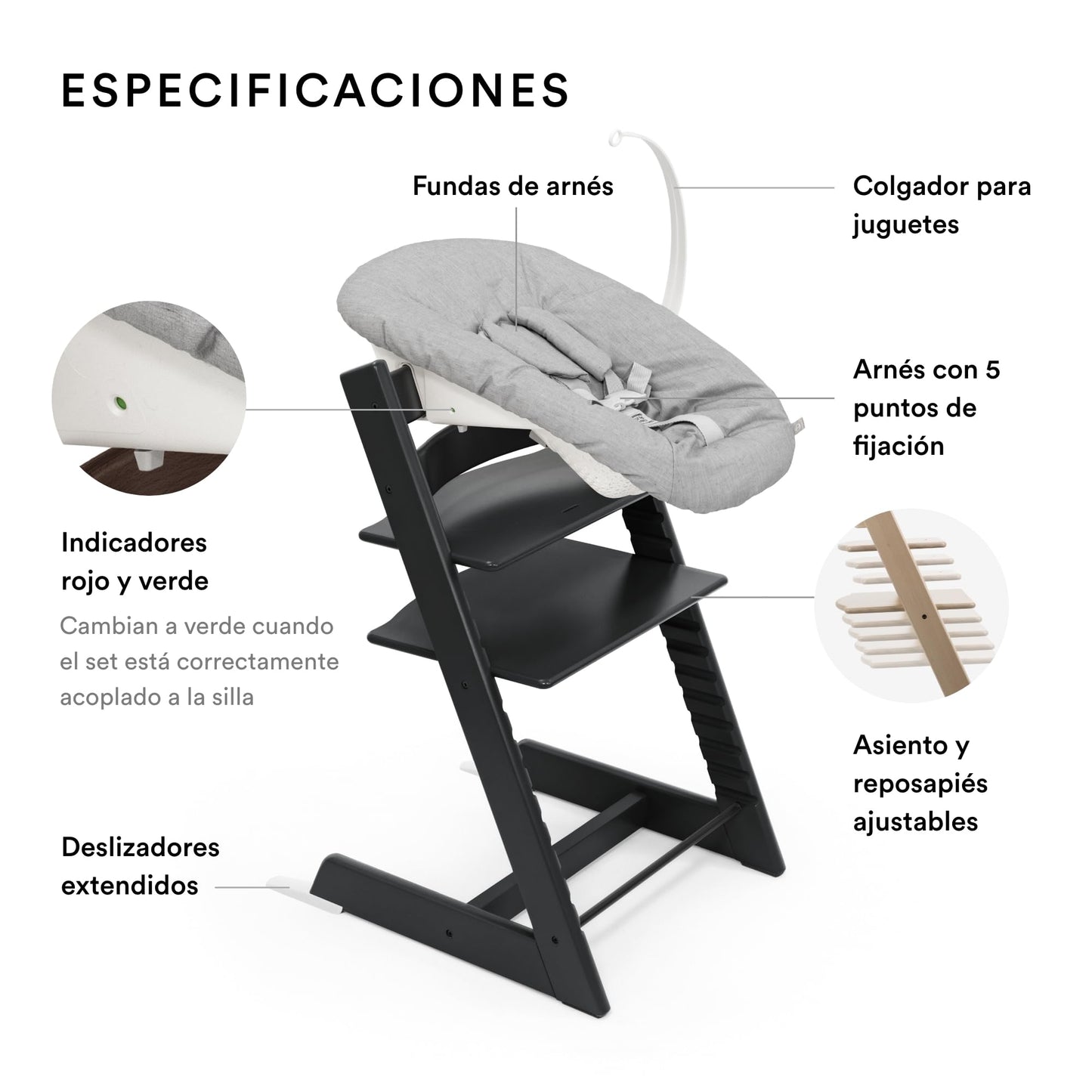 Silla Tripp Trapp de Stokke con Newborn Set (Gris) - Para recién nacidos hasta 9 kilos - Acogedor, seguro y fácil de usar (Black)