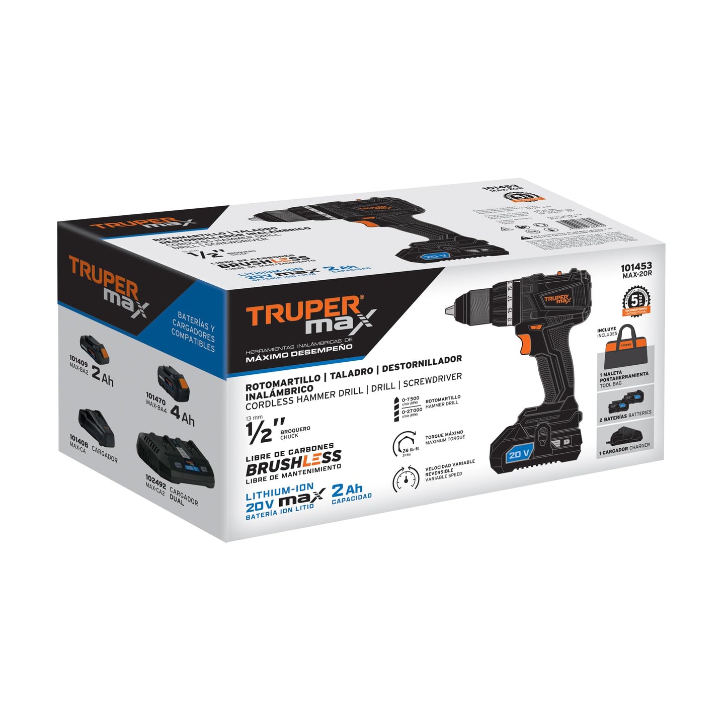Truper Max MAX-20R, Rotomartillo inalámbrico 1/2", motor libre de carbones (brushless), con 2 baterías Ion Litio 2 Ah y maleta de 14", 20 V