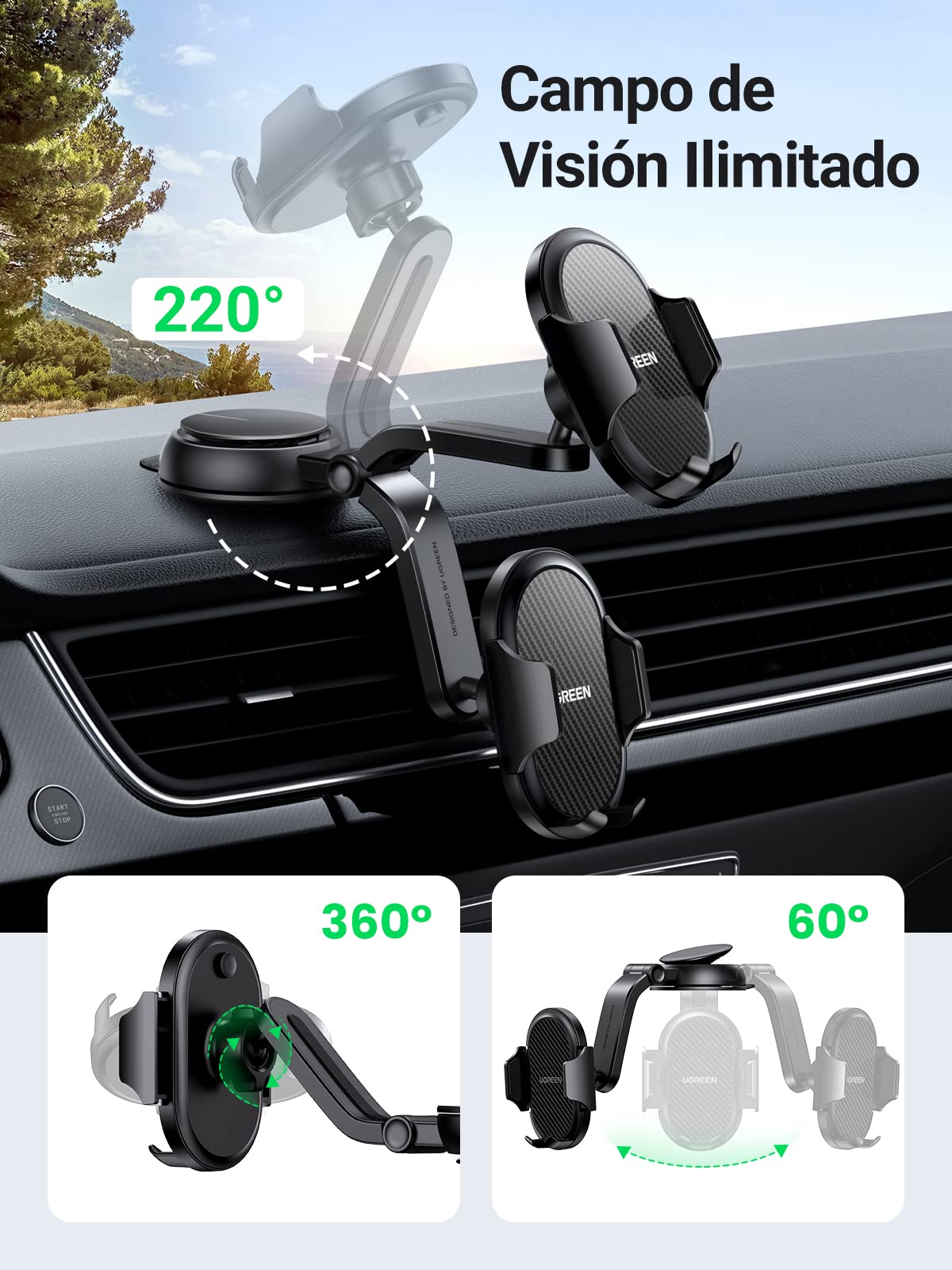 Soporte Celular UGREEN Negro para Automóvil Compatible con iPhone Galaxy