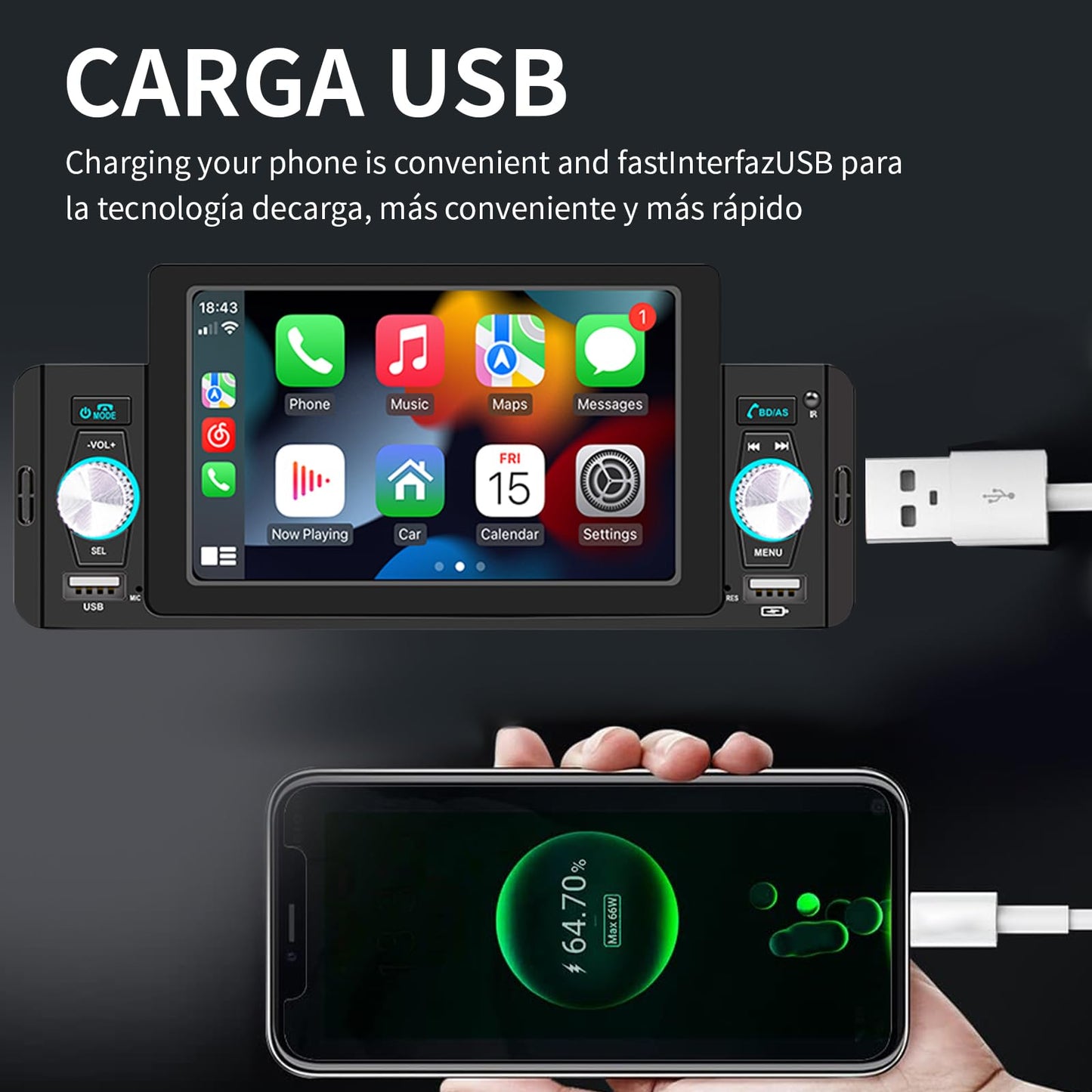 FINYQBET Estéreo 160C para Auto 5 Pulgadas con Bluetooth 5.1, CarPlay, Android Auto, Cámara de Reversa, Control de Volante, MP5, USB, RCA y Pantalla Táctil HD, Compatible con Vehículos de 12V