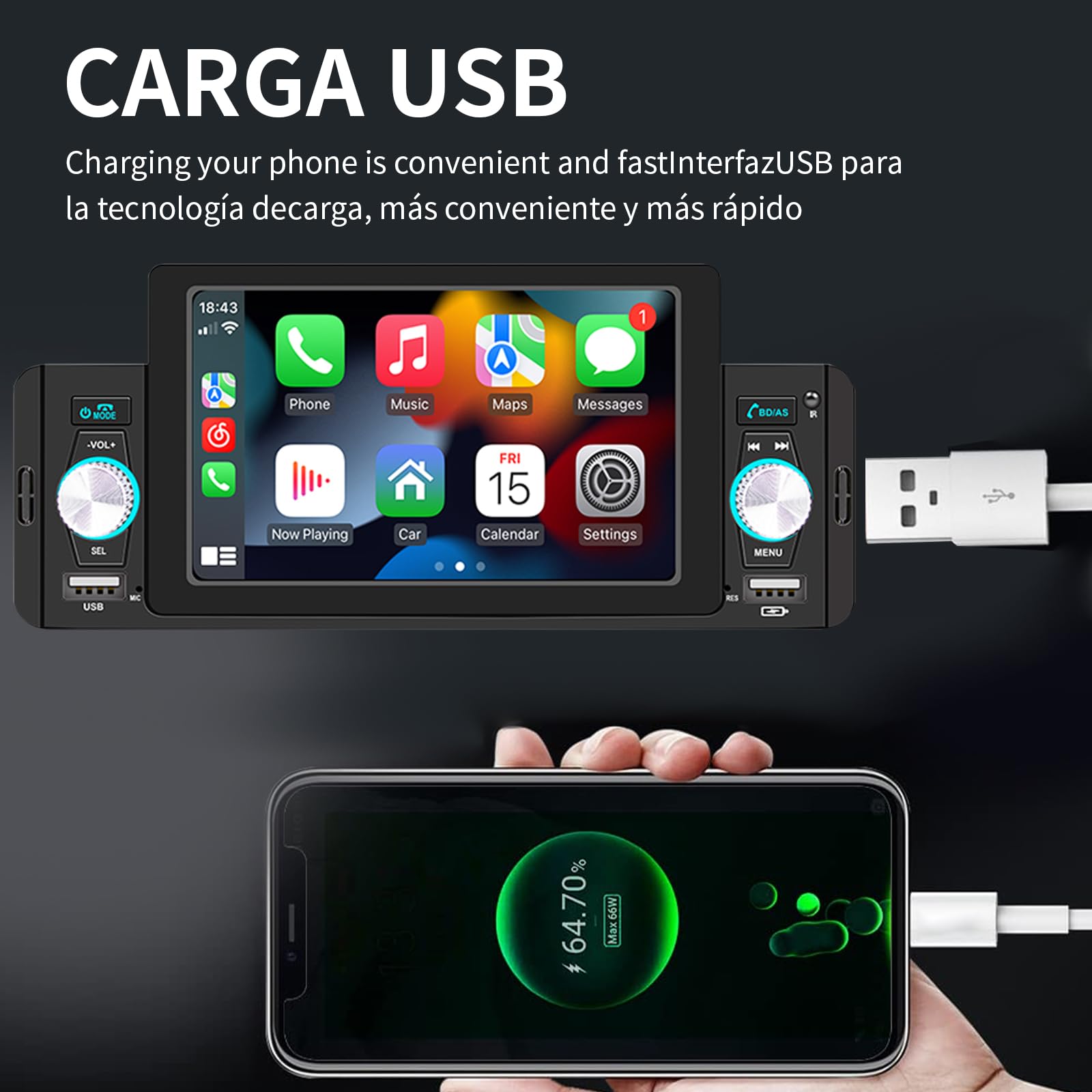 FINYQBET Estéreo 160C para Auto 5 Pulgadas con Bluetooth 5.1, CarPlay, Android Auto, Cámara de Reversa, Control de Volante, MP5, USB, RCA y Pantalla Táctil HD, Compatible con Vehículos de 12V