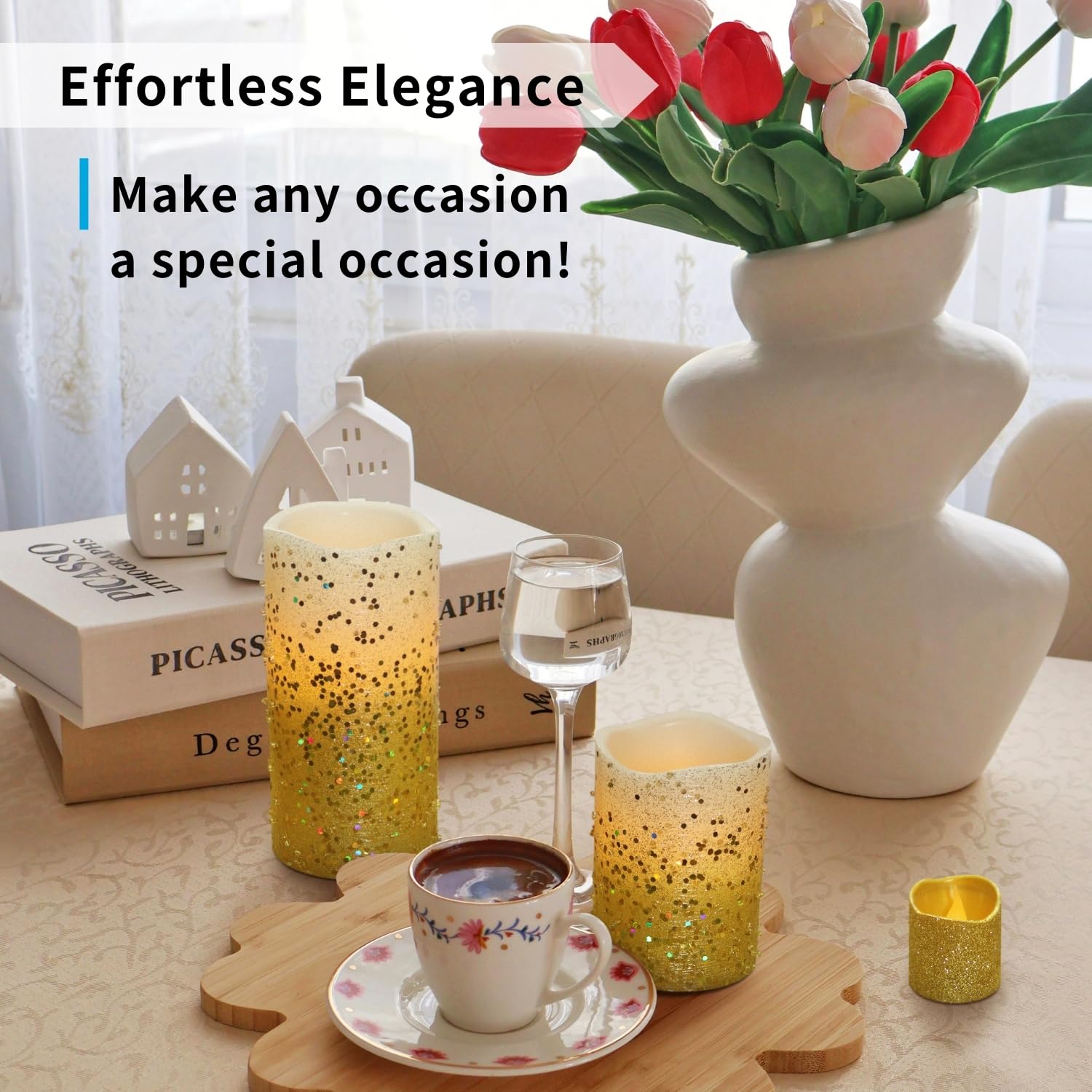 Furora LIGHTING Velas LED sin llama con mando a distancia, juego de 8, funciona con pilares y votivas de cera real, velas LED con llama parpadeante y temporizador, borde dorado…