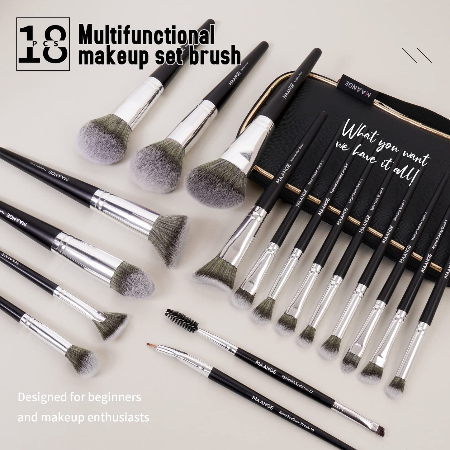 Brochas de Maquillaje con Estuche 18 Piezas Set de Brochas para Maquillaje Profesional Juego de Brochas Kabuki Sintético Premium Sombra de Ojos en Polvo para Base de Maquillaje (Plata negro)
