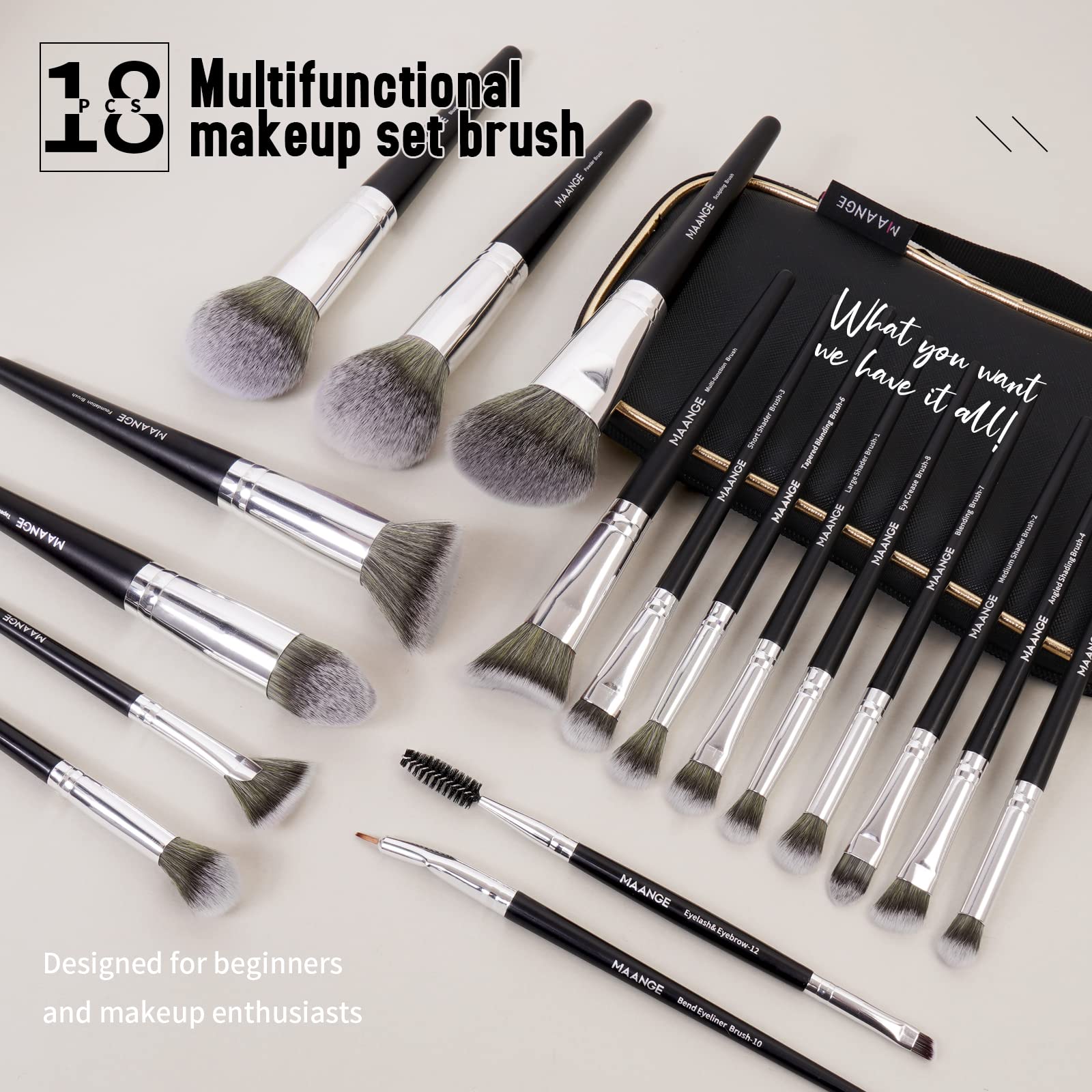 Brochas de Maquillaje con Estuche 18 Piezas Set de Brochas para Maquillaje Profesional Juego de Brochas Kabuki Sintético Premium Sombra de Ojos en Polvo para Base de Maquillaje (Plata negro)