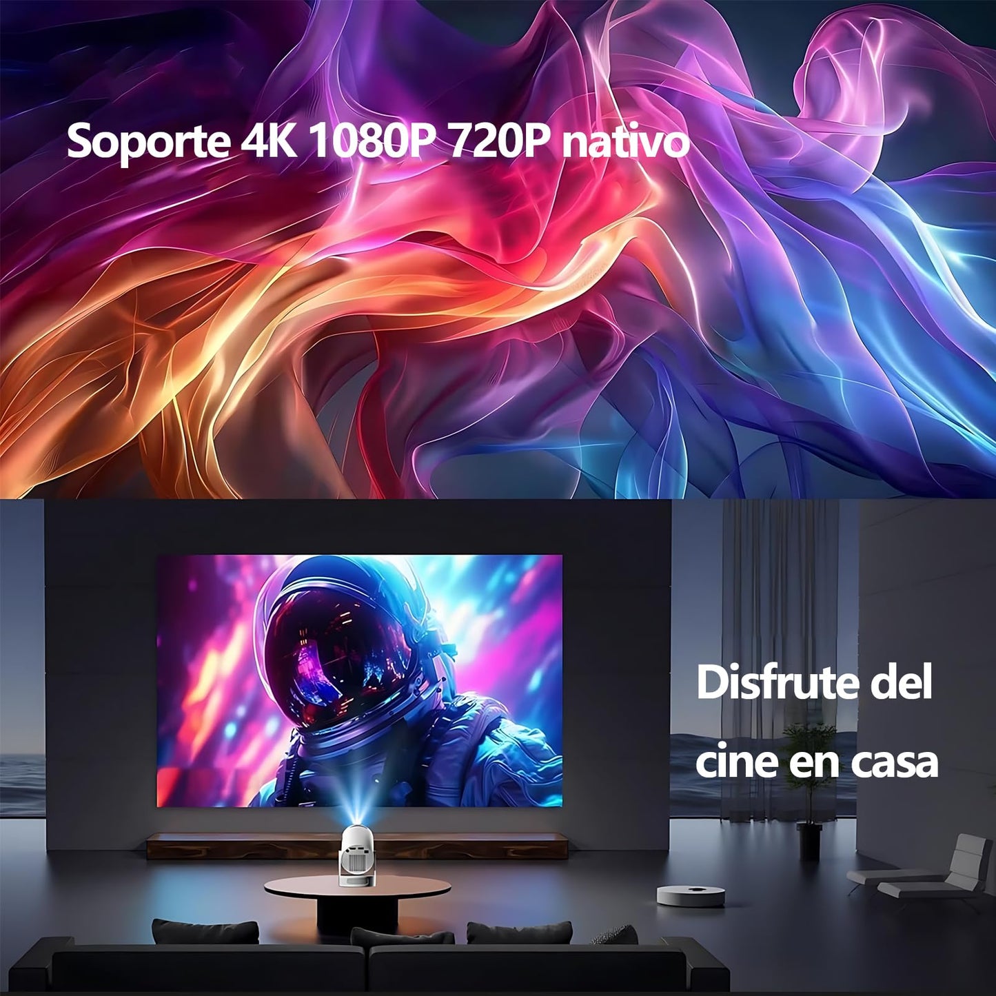 2025 Mini Proyector Portátil 4K/1080P,Proyector con 8000 Aplicaciones, Android 12 Soporte Multilenguaje Sistema,Pantalla de 130 Pulgadas,WiFi 6 Bluetooth 5.3, Giro de 180 Grados (2025 HY 300 Pro)