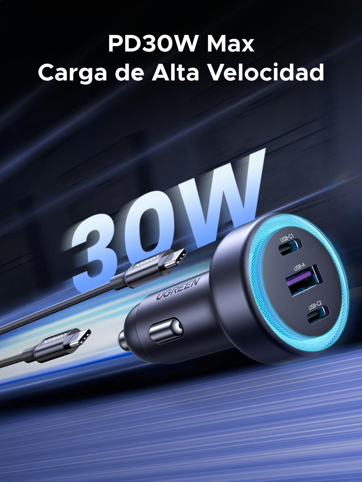 UGREEN 30W USB C Cargador Auto Carga Rápida, 3 Puertos 2 USB C Adaptador Auto Tipo C A, QC/PD 3.0 Cargador para Coche Compatible con iPhone 16 15 Pro Max, Pixel 9 8 7, Galaxy S25 S24 S23, iPad Pro Air