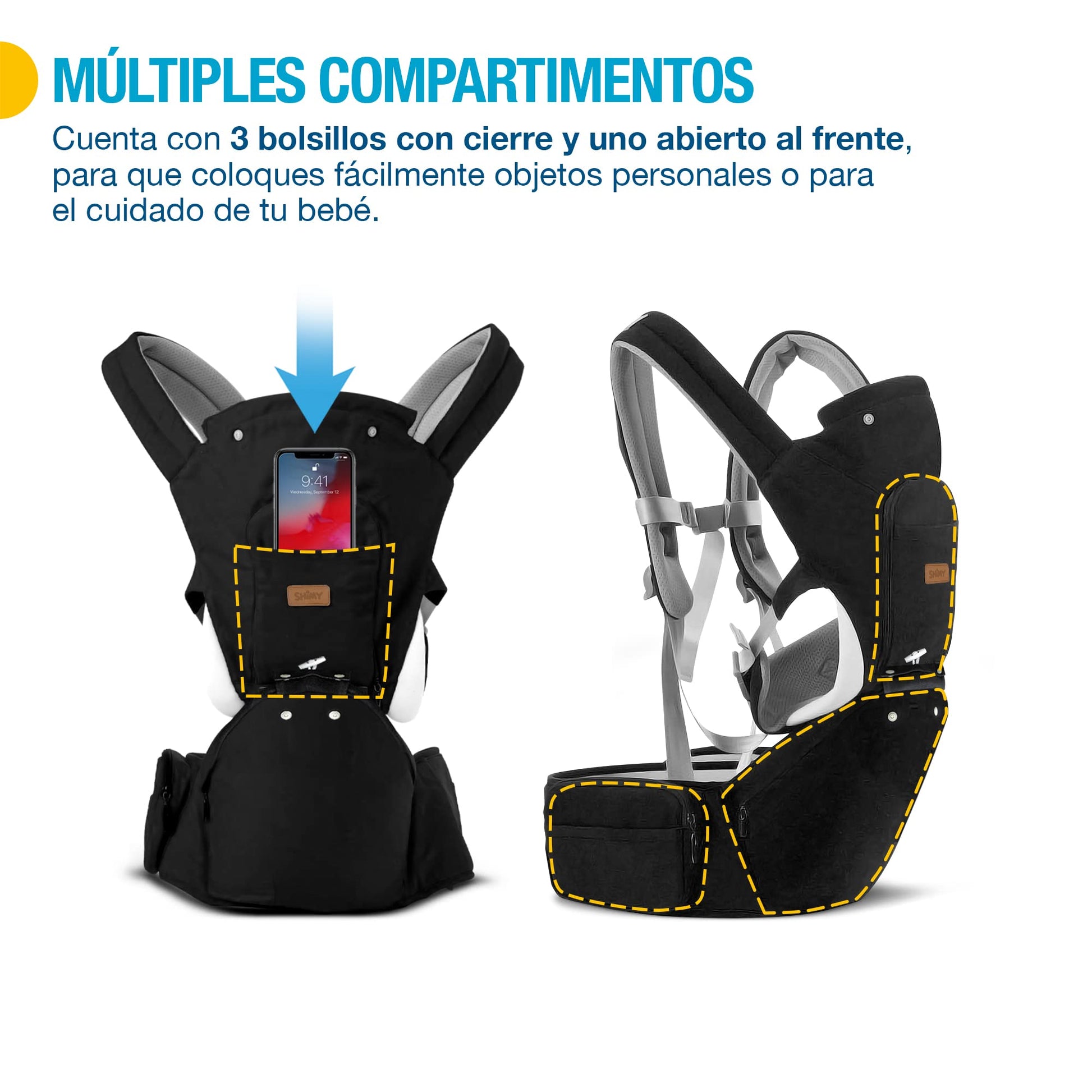 SHIMY Canguro para Bebé, Cangurera Portabebé Tipo Fular para Niños de 0 a 36 Meses, Mochila Ergonómica con Soporte para Cintura, Múltiples Compartimentos con Cierre, Ajustable a Varias Posiciones