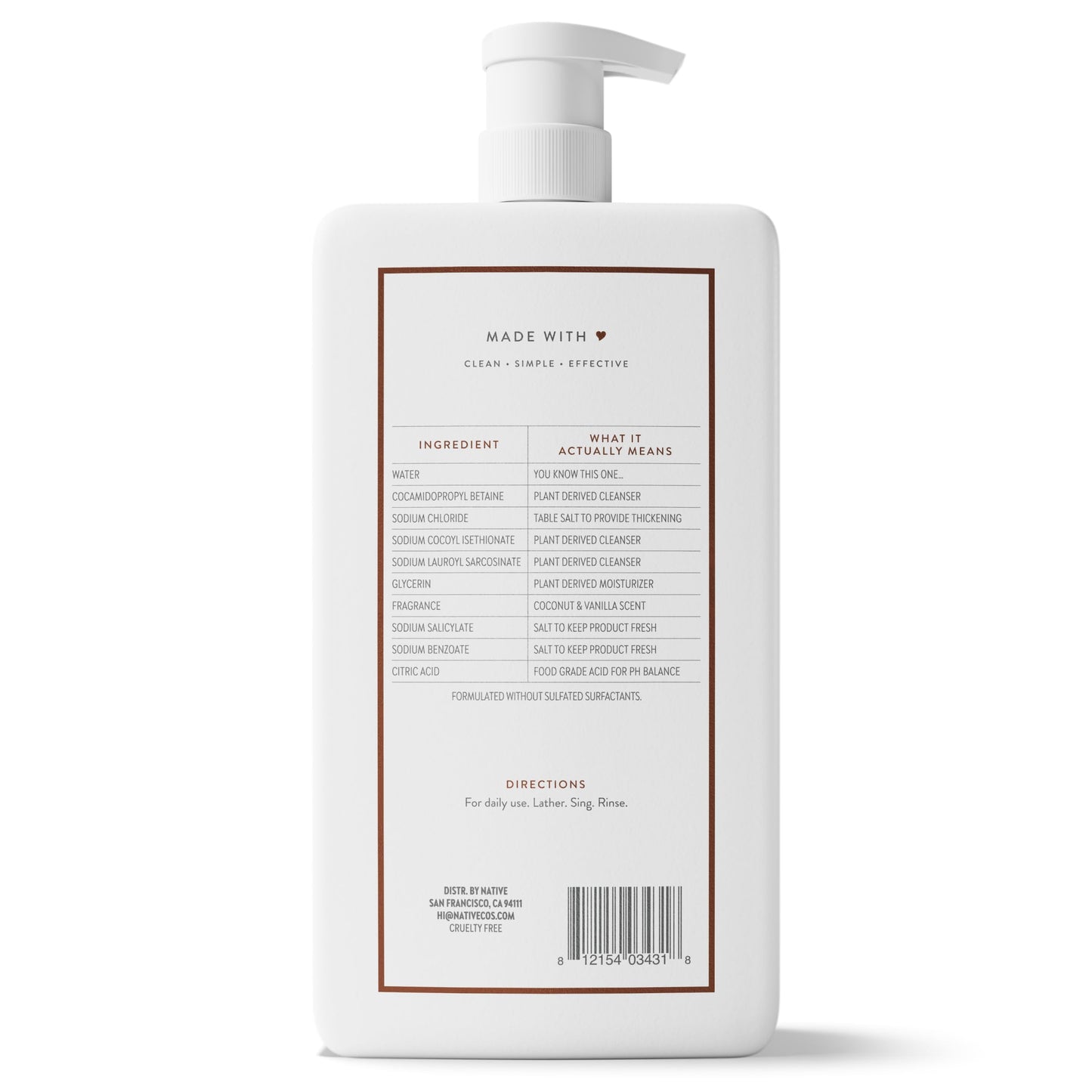 Native Body Wash for Women, Men | Sulfate Free, Paraben Free, Dye Free, with Naturally Derived Clean Ingredients, 36 oz bottle with pump - Pack of 1 (Coconut & Vanilla)