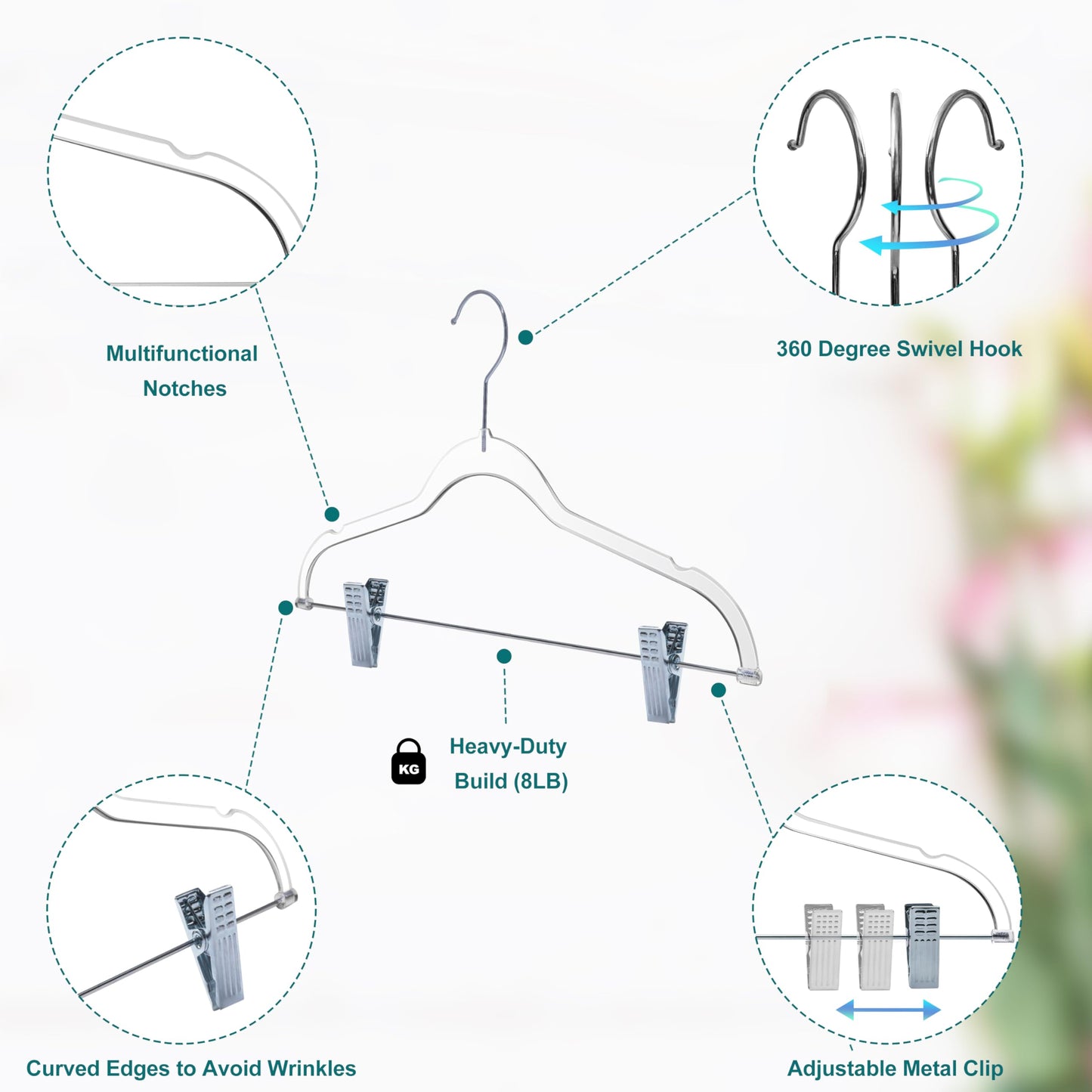 Perchas transparentes de calidad para pantalones de niños con clips, paquete de 20 | Perchas resistentes para faldas con gancho giratorio y muescas | Perchas con clips ahorradoras de espacio para