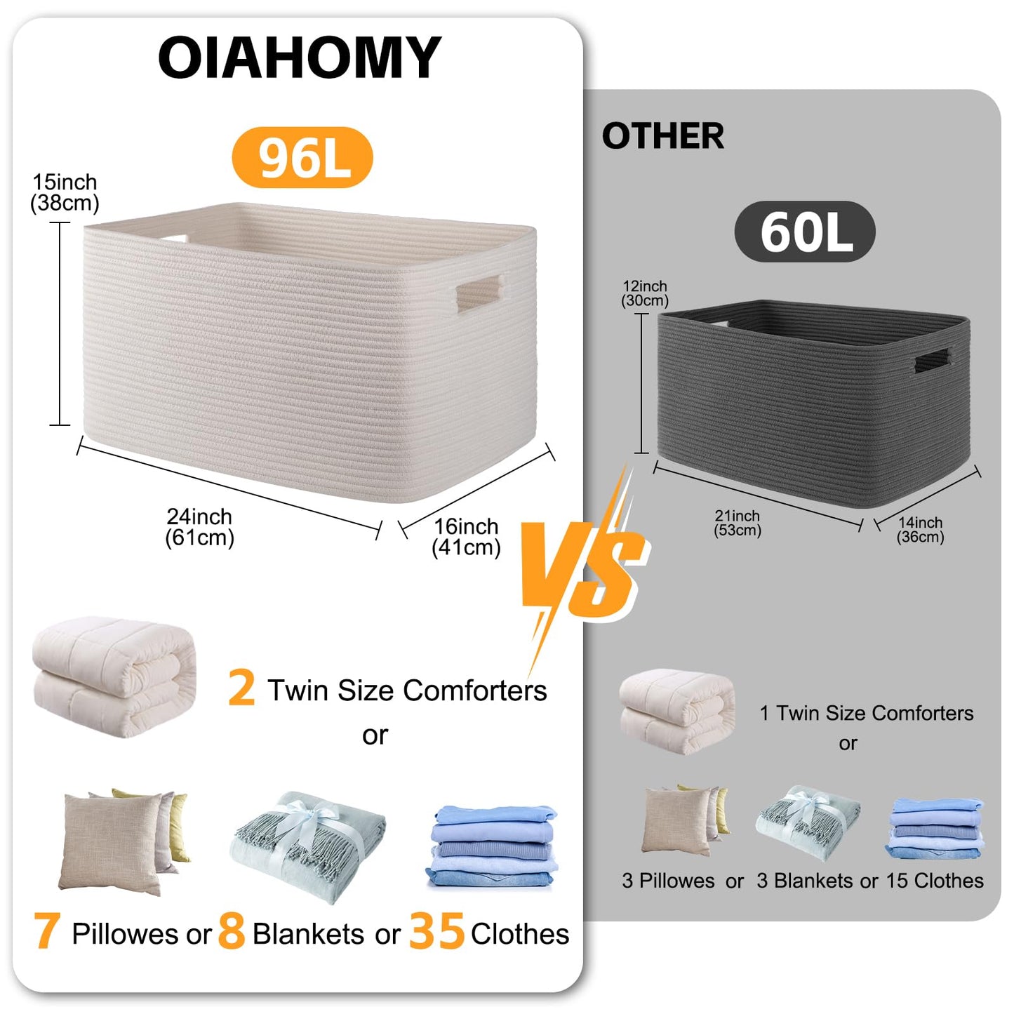 OIAHOMY - Cesta rectangular grande de 96 L, cesta tejida de algodón para almacenamiento, cesta de ropa sucia para sala de estar, guardería, recámara, organización de juguetes con asa, 24 x 16 x 15