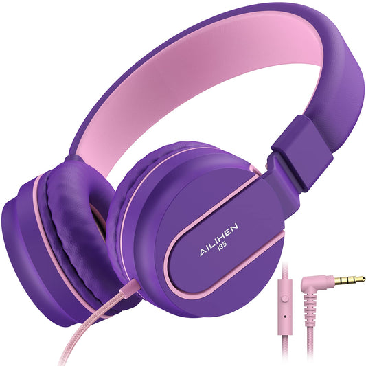 Auriculares Diadema AILIHEN Púrpura Rosa con Micrófono Plegables Ajustables para Niños