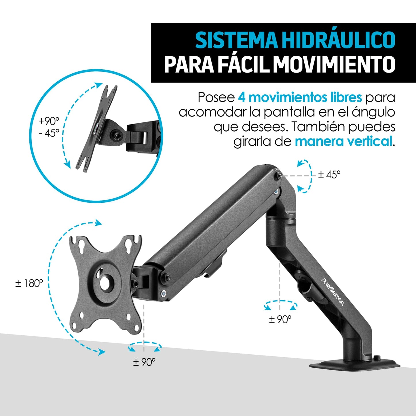 Soporte Hidráulico Redlemon Negro para Monitor de hasta 27 Pulgadas con Ajuste Multidireccional para Escritorio