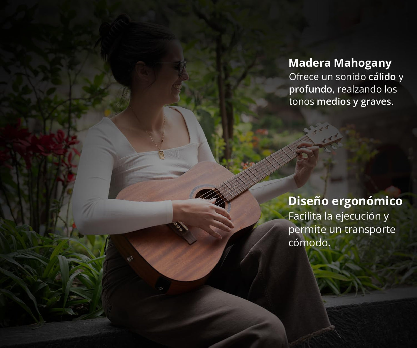 BAMBOO, Guitarra Acustica Travel Mahogany, Tamaño 1/2, para principiantes, adultos, viajes, 34 pulgadas, Funda Acolchada, madera Mahogany