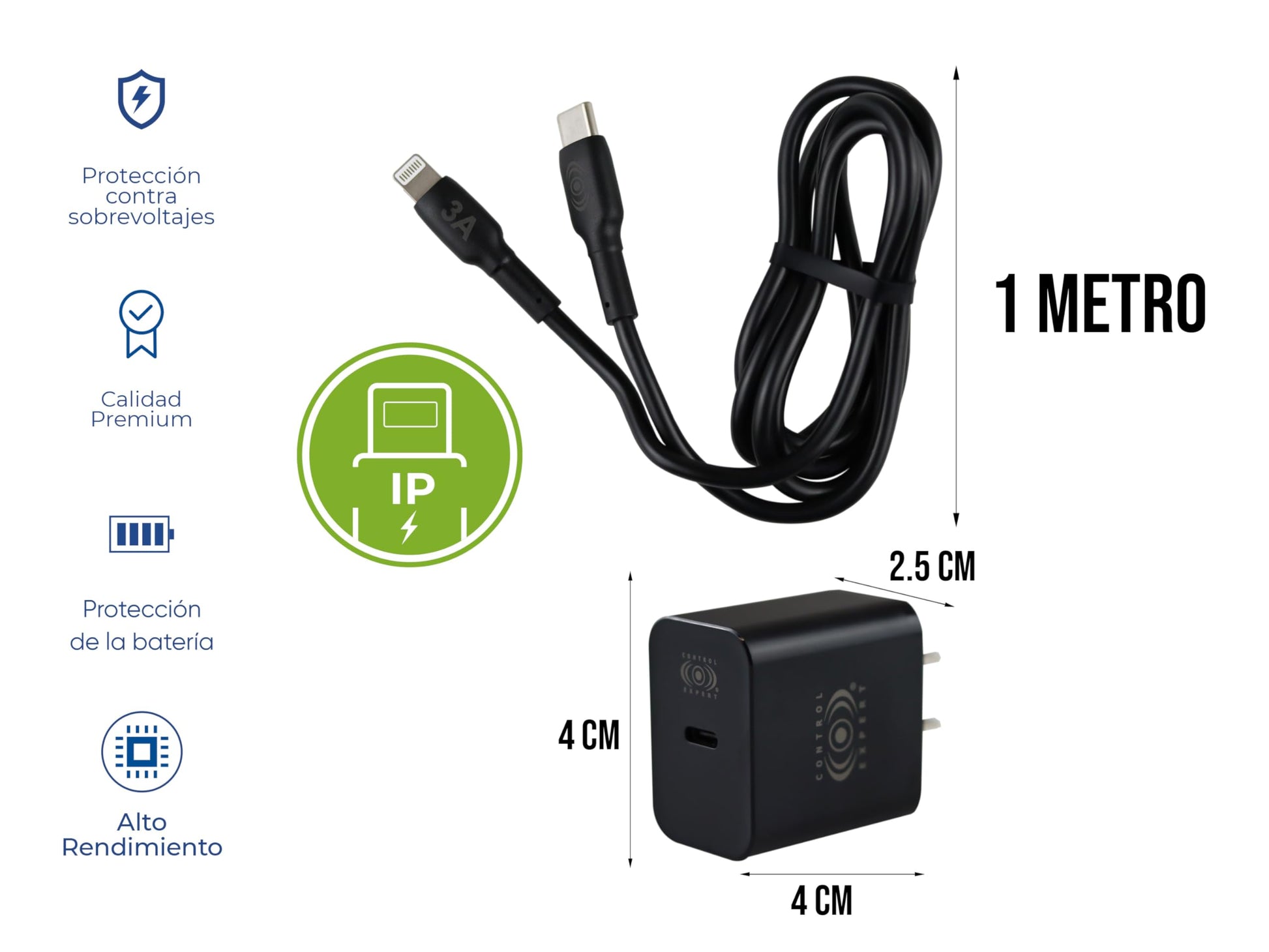 CONTROL EXPERT Cargador Carga Ultra Rápida para iPhone 3A 20W Cable de 1 Metro USB a Lighntning (Negro)