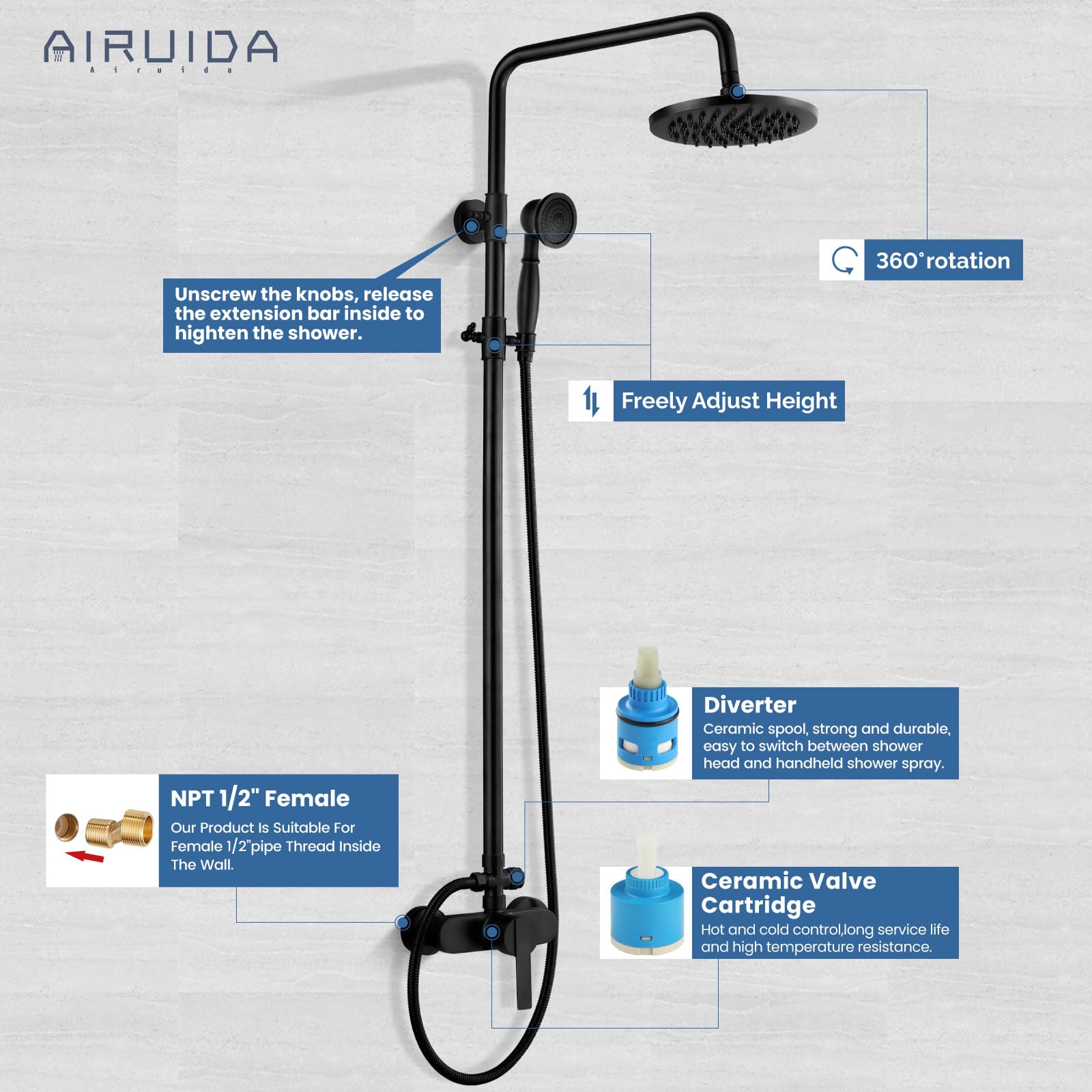 Sistema de Ducha Airuida Negro Mate con Alcachofa Moderna de Doble Función y Desviador de Cobre Sólido