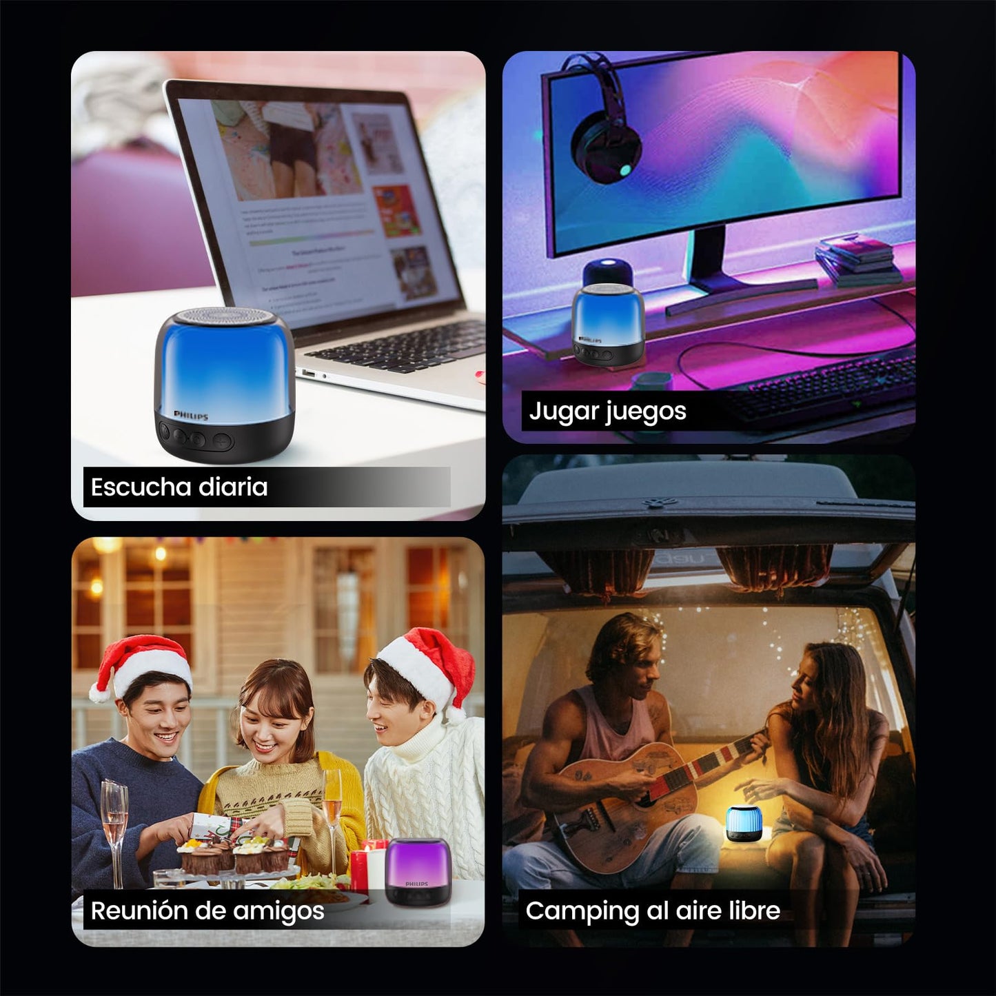PHILIPS Bocina Bluetooth Portátil, Varias Luces RGB, Bluetooth 5.3 Altavoz Inalámbrico, Sonido Estéreo HD, Bajos Profundos1200Mah Tiempo de Espera Ultralargo, Admite TF/Emparejamiento Dual TWS