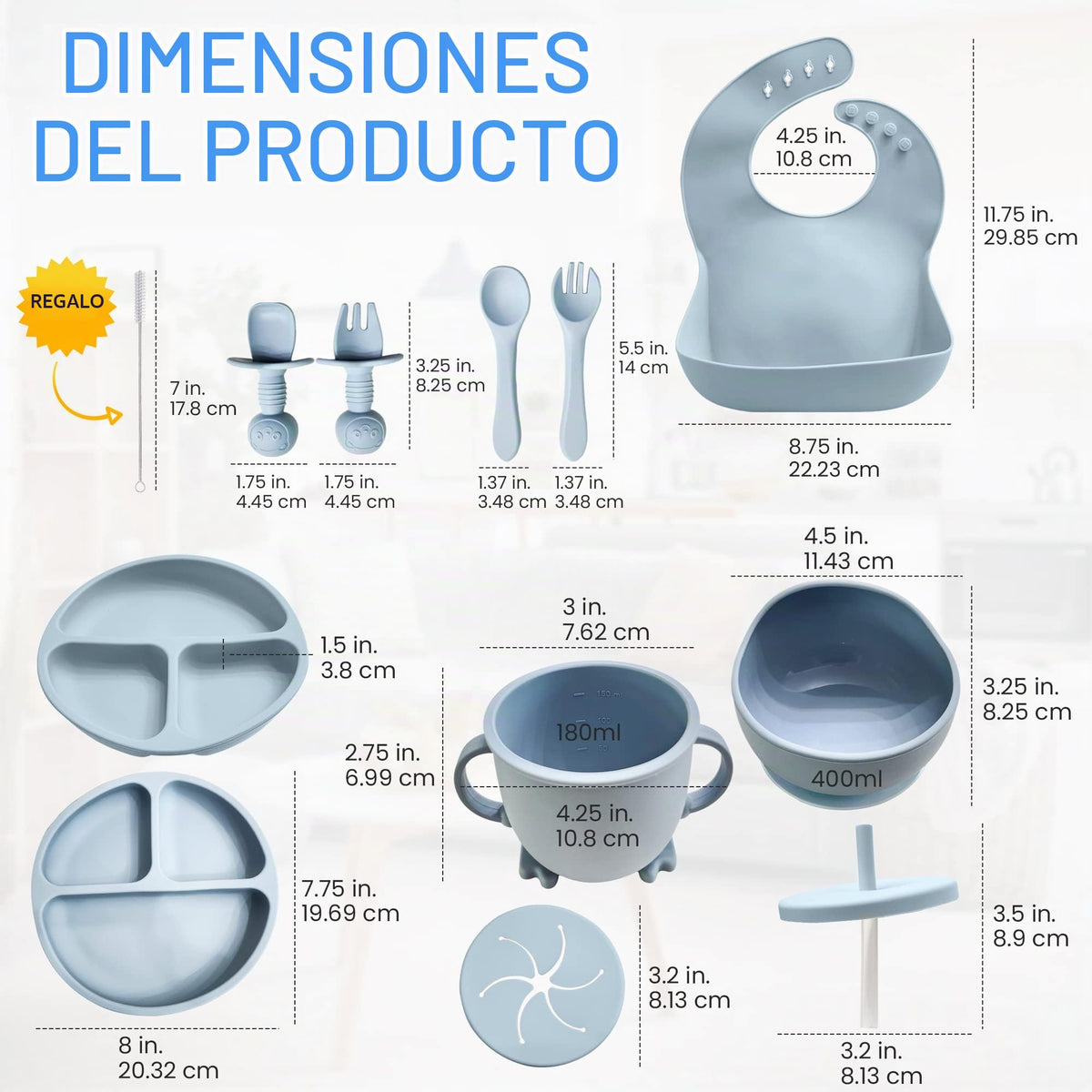 VERSAINSECT Led Weaning Supplies | 10 Piece Silicone Feeding Set | Baby Toddler Bib Cup Divided Plate and Bowl Self Feeding Spoons Dish Set | Baby Utensils | Toddler Feeding Supplies (Blue)