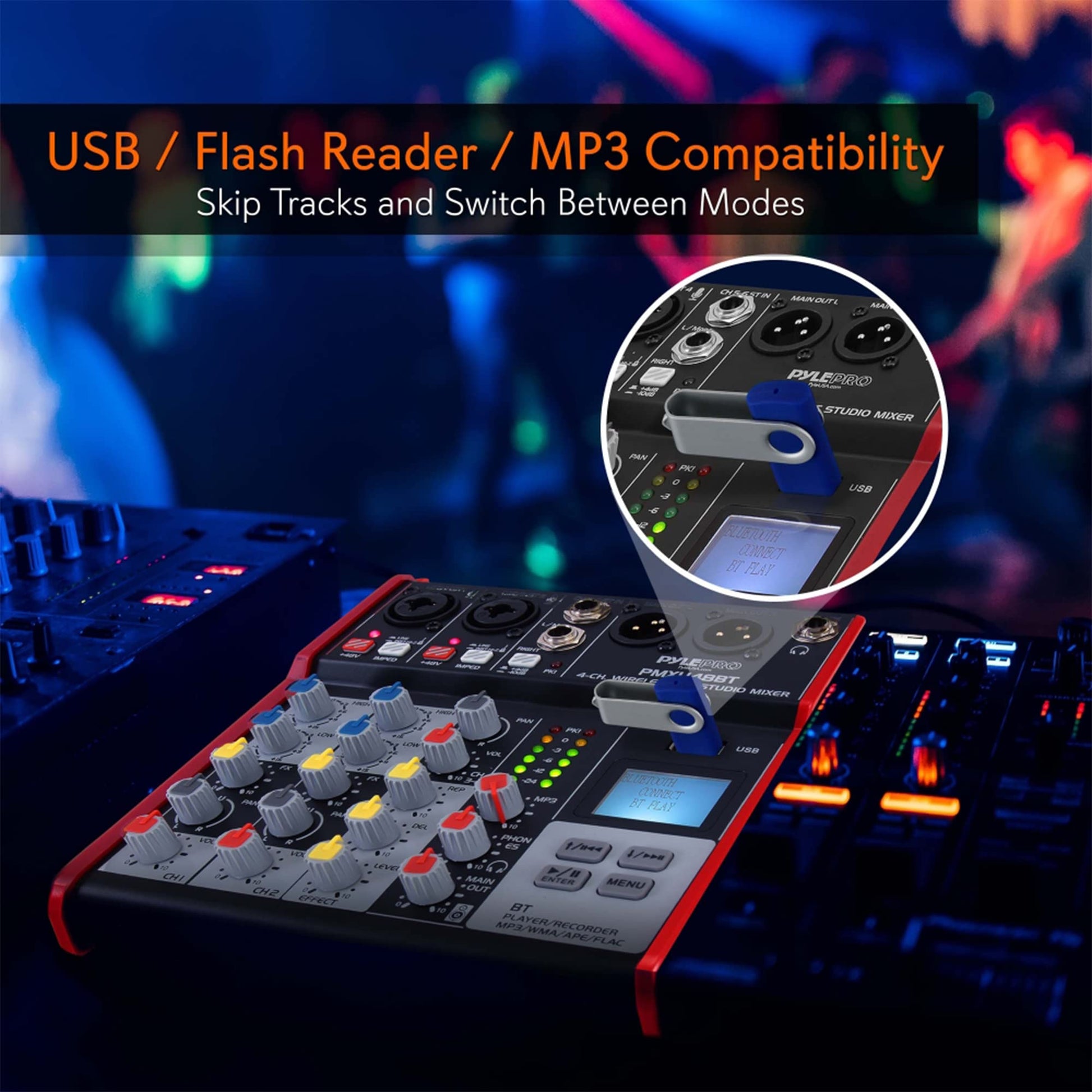 Consola de DJ Digital Pyle Rojo Compatible con Bluetooth y Mezclador USB 4 Canales