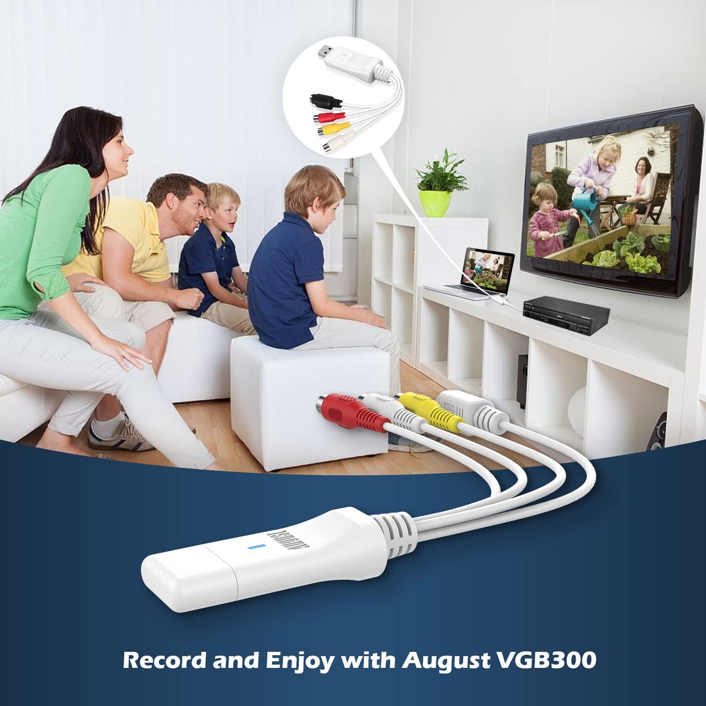 August Tarjeta de Captura de vídeo USB VGB300 - Transferencia VHS Hi8 de 8 mm a PC o Mac Compuesto en o S-Video para videocámaras y grabadora de vídeo VCR/Captura para Xbox 360 y PS3 Gameplay