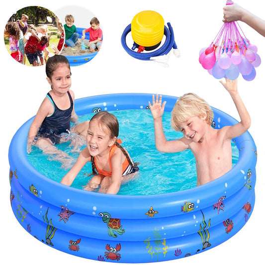 Alberca Inflable para Niños, 150x35cm Piscina Alberca Inflable Redonda, Mini Piscina Albercas 3 Niveles, Acuáticos Verano para Niños Niñas y Adultos al Aire Patio Trasero (Azul, Viene con Globo Agua)
