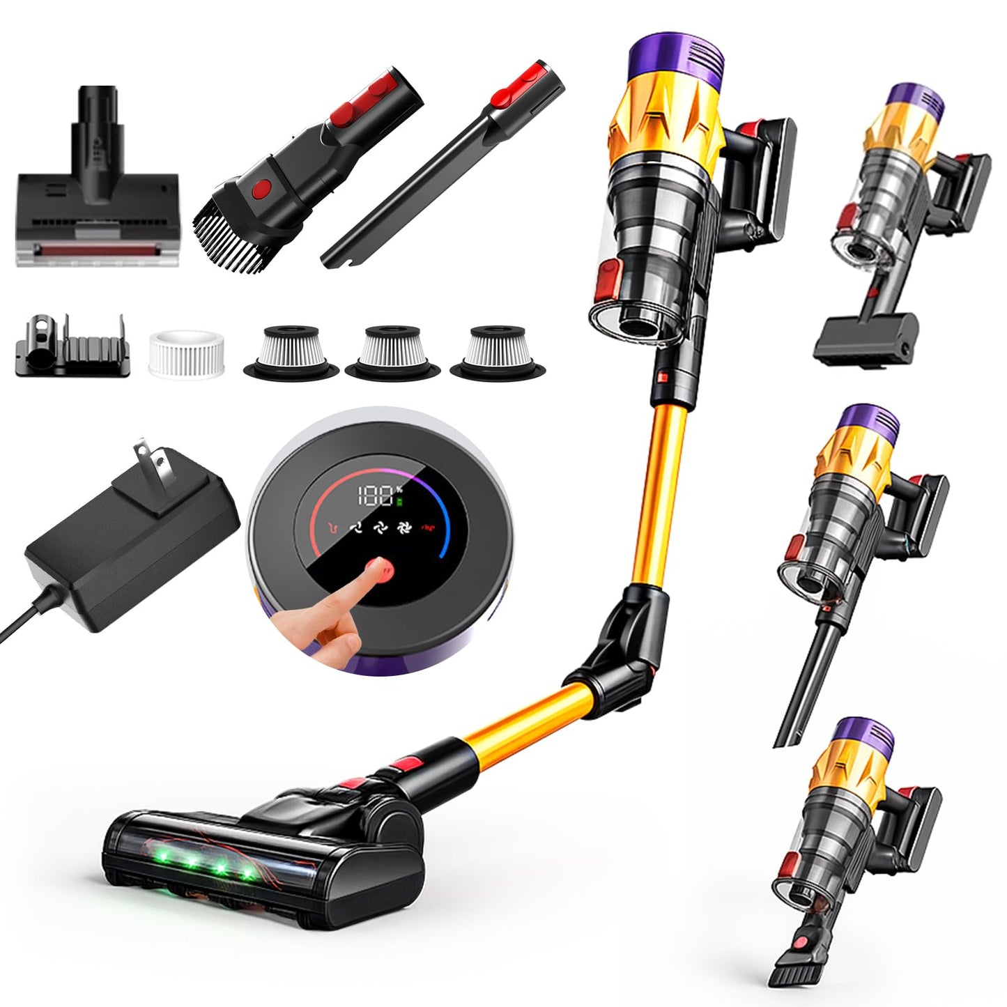 8 en 1 Aspiradora Inalambrica V18,50KPa/550W/60min,180° Plegables,Aspirador Vertical con Pantalla Táctil,1.5L Capacidad,3 Niveles Ajustables,Aspiradoras con Accesorios,para Alfombras/Suelos Duros/Pelo