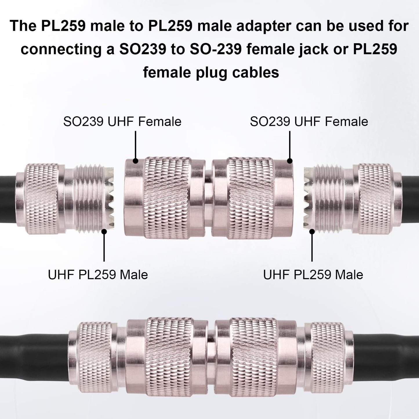 UHF PL-259 Adaptador coaxial 2 piezas - Conector RF macho UHF para radios CB y Jamón, antenas y equipos de comunicación
