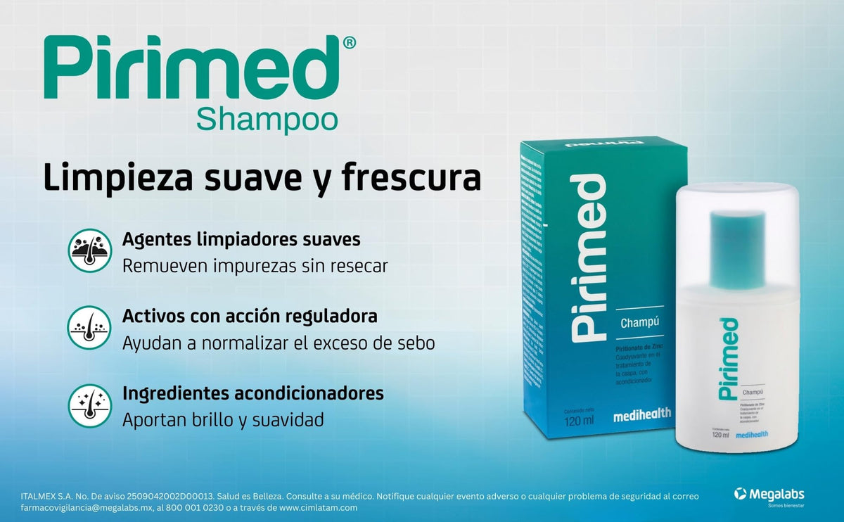 Pirimed Champú | tratamiento anticaspa | coadyuvante en el tratamiento de la caspa | frasco con 120ml