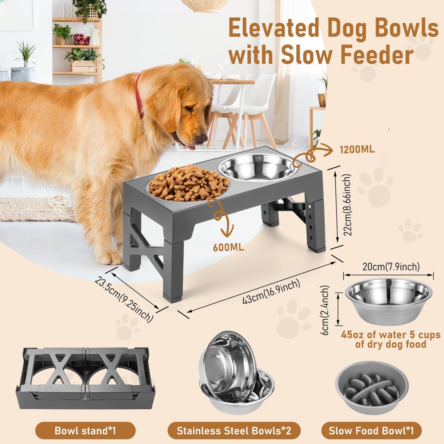 Cuenco Elevado para Perro, Comedero Elevado con 5 Alturas Ajustable para Perro y Gato, Comedores Elevados con Comedero Lento y 2 Cuencos de Acero Inoxidable para Perros Pequeños, Medianos y Grandes