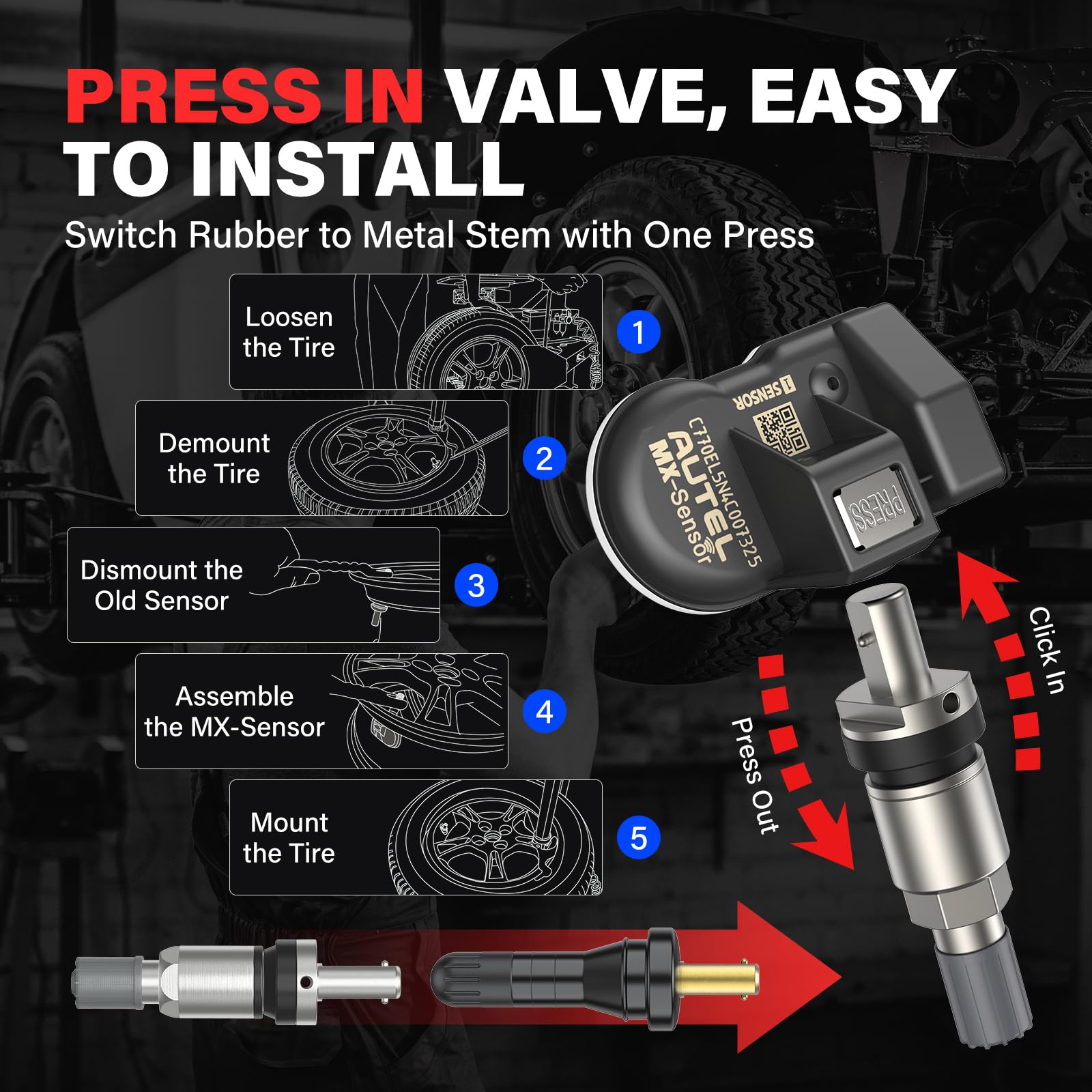 Autel TPMS Sensors Set de 4, sensor MX, sensor de presión de neumáticos MaxiTPMS 2 en 1 (315 MHz + 433 MHz) Sensores OE a presión programables por TS408S TS508 TS508WF TS608 ITS600 MP900TS MS906PRO-TS