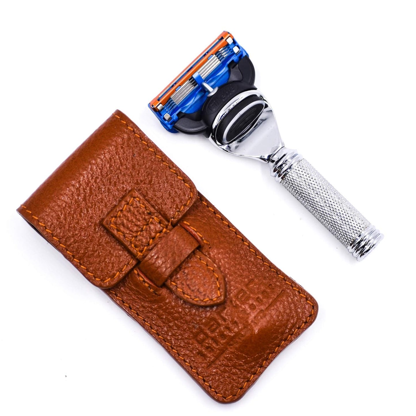 Parker - Maquinilla de afeitar de seguridad, 5 cuchillas Gillette Fusion compatible con viaje, con funda de piel de lujo