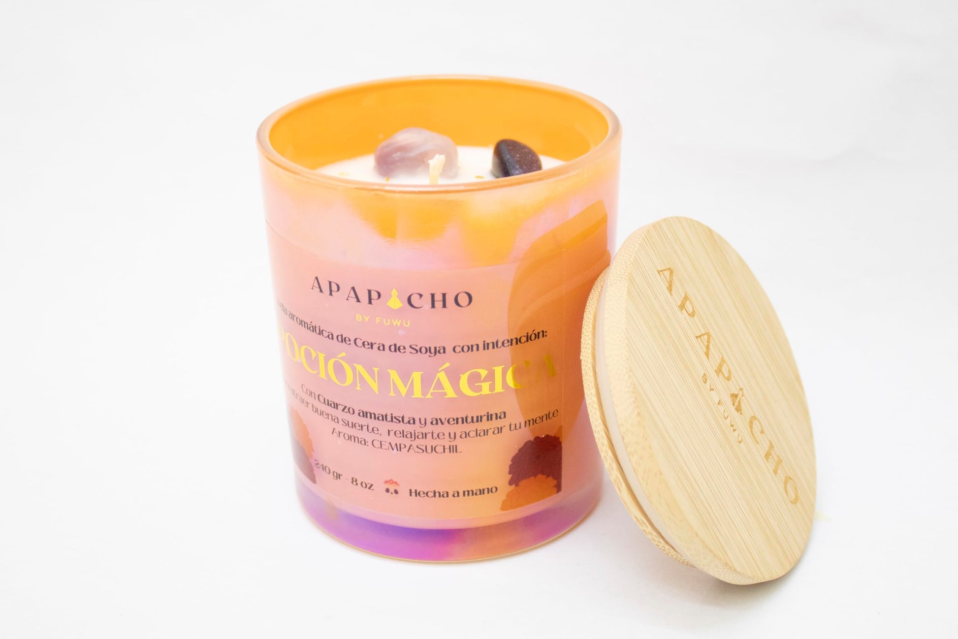 Fuwu, velas aromáticas de cera de soya con cuarzos naturales y hierbas de olor, aromatizantes para hogar, halloween decoracion otoño (Cempasuchil)