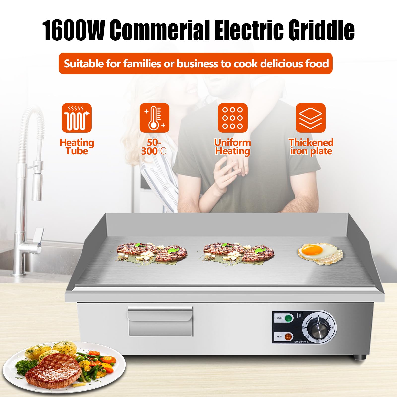 Plancha Eléctrica ExGizmo 22 Pulgadas Antiadherente con Control de Temperatura para Restaurante